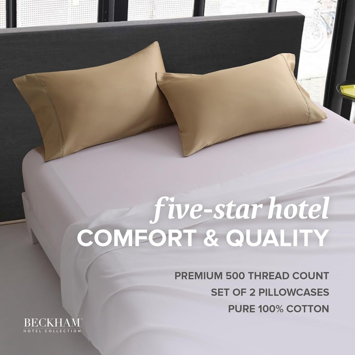 Beckham Hotel Collection Bed Pillowcases Standard/Queen Size Set of 2, 500TC 100% Cotton, Luxury Sateen Bedding, Open End, Breathable, Moisture-Wicking, Sand