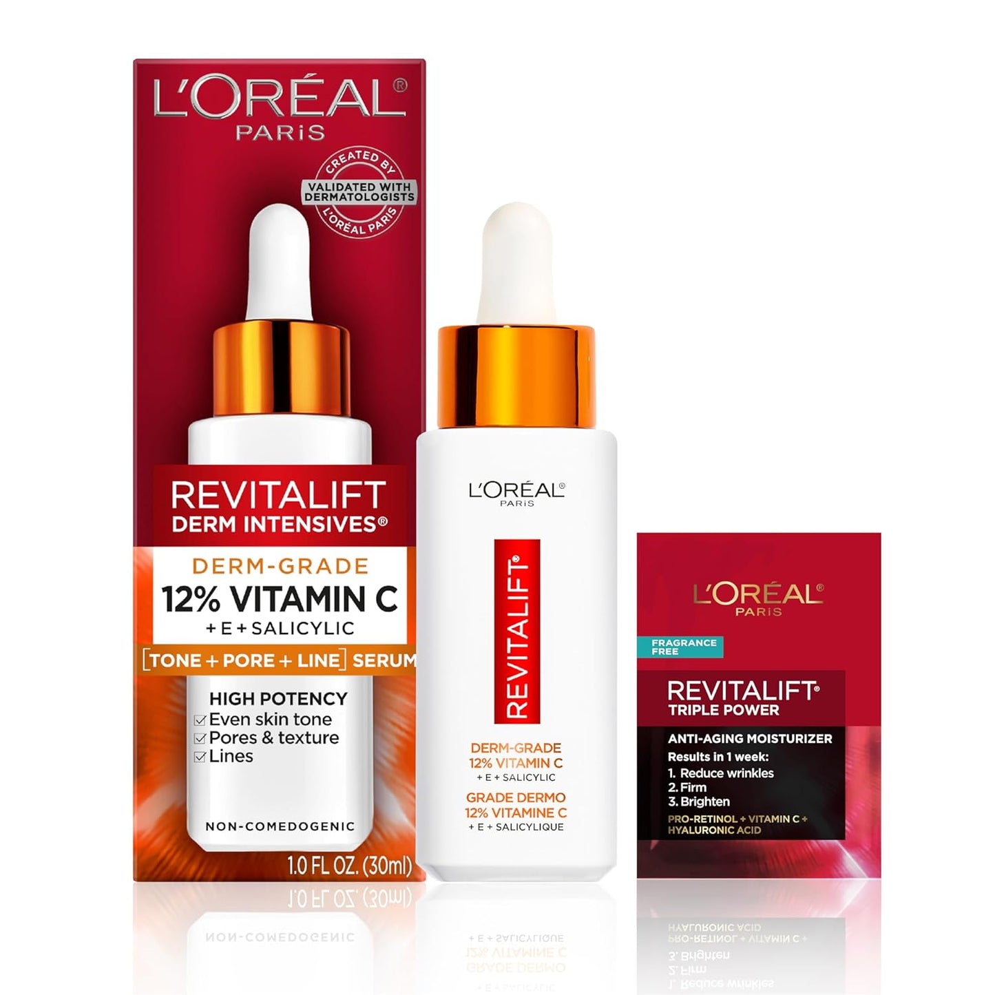 L'Oreal Paris Revitalift 12% Pure Vitamin C Serum, Brightening Serum For Face with Vitamin E, Salicylic Acid, 1 oz + Moisturizer Sample
