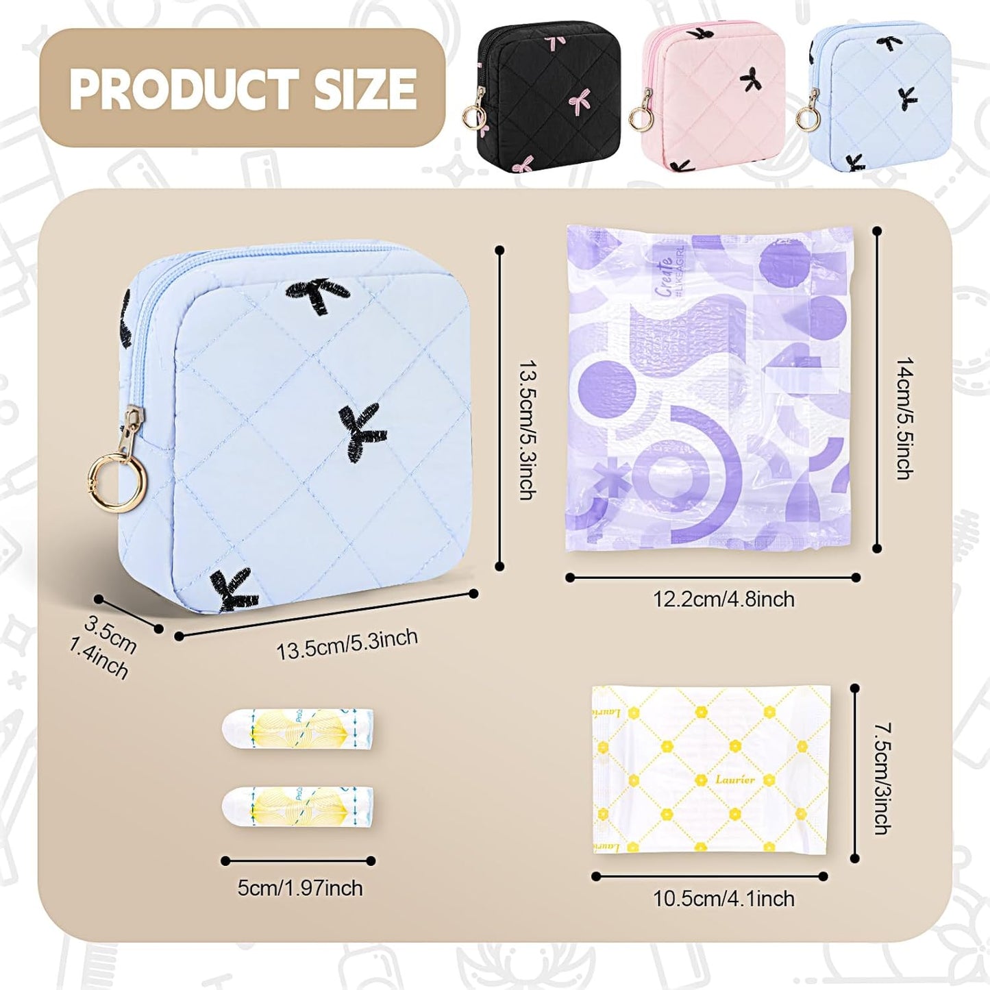 Period Bag for Teen Girls, Quilted Sanitary Napkin Storage Bag, Cute Bow Tie Menstrual Pad Pouch Tampon Holder (White)