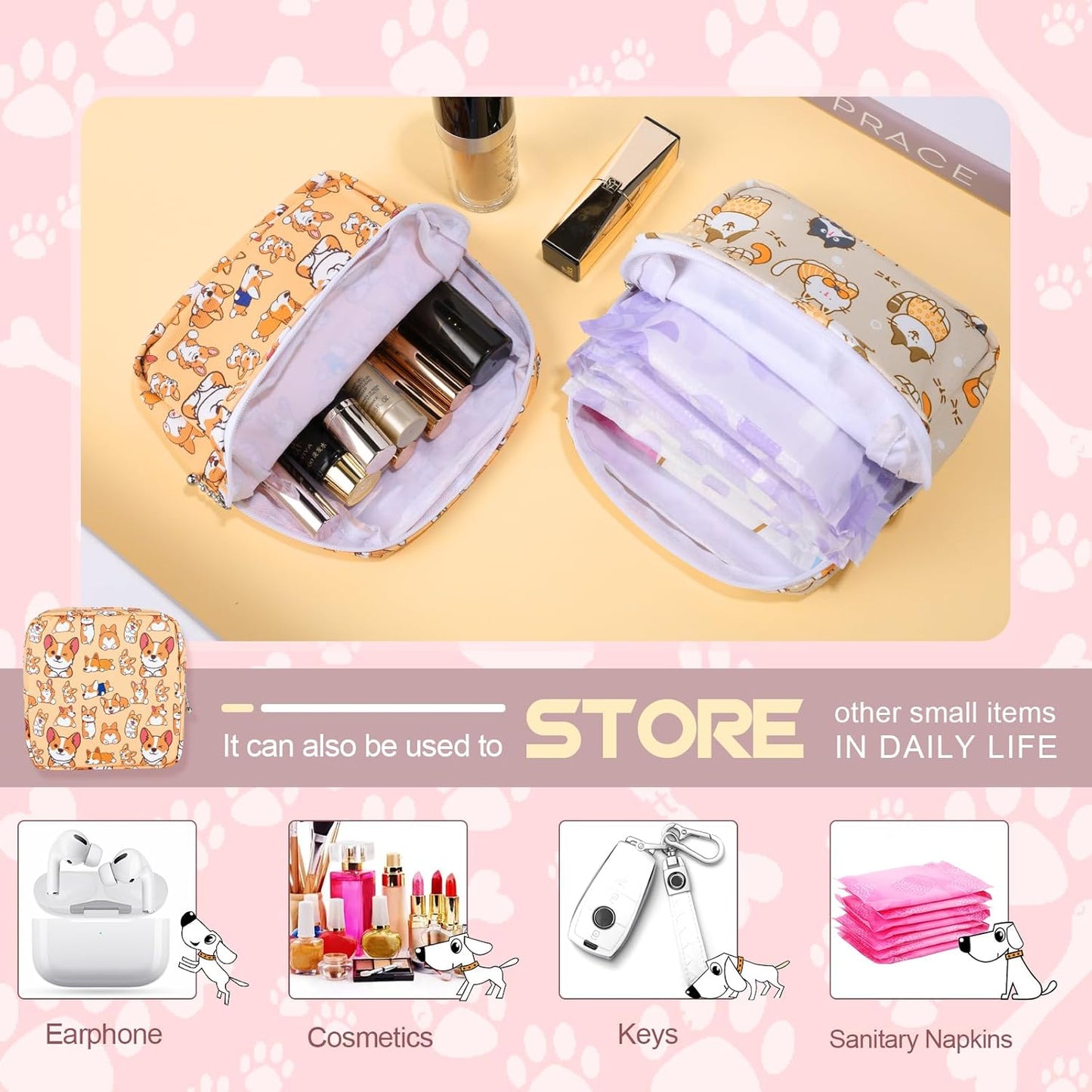 Period Bag Pouch, Canvas Sanitary Napkin Storage Bag for Girls Womens, Portable Sanitary Napkin Period Pad Pouch for Purse, Small Make Up Bags(Gray Cat)