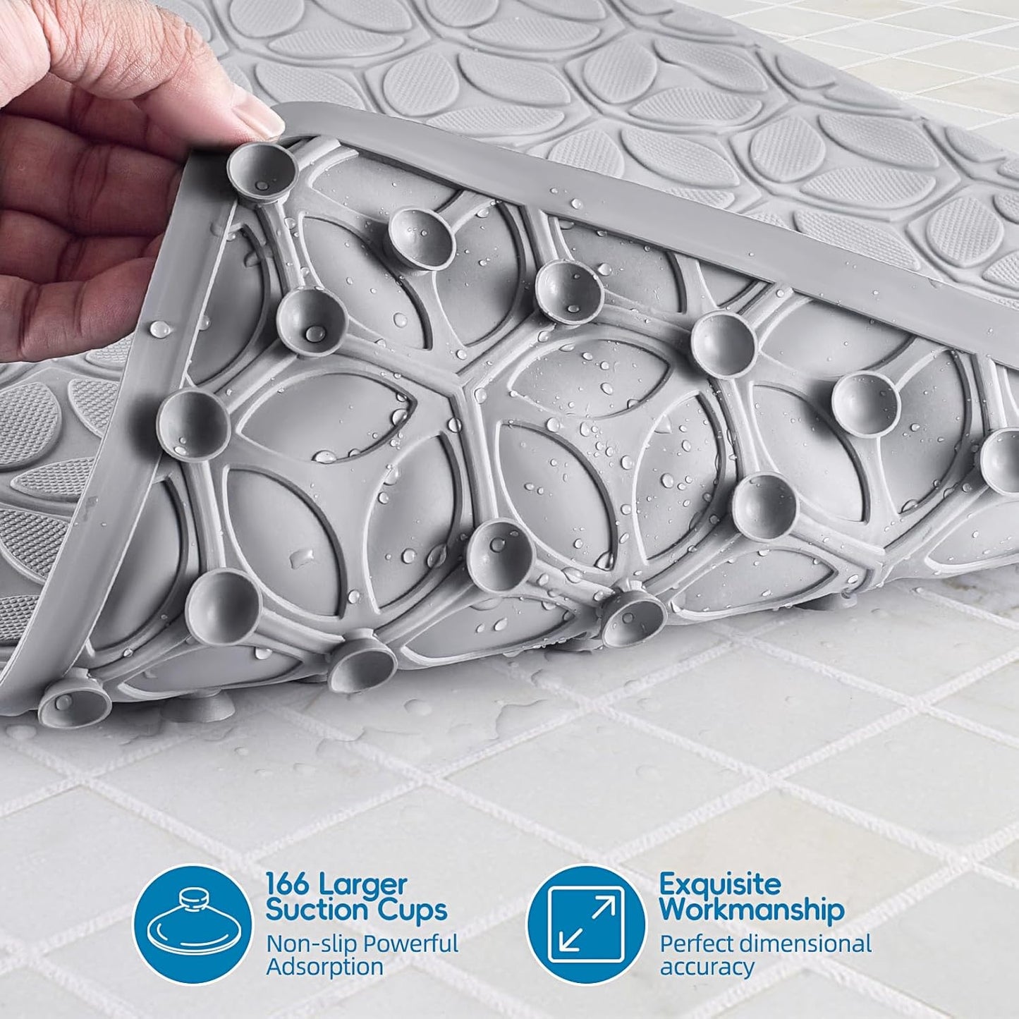 WRISIN Bathtub Mat Non Slip with Suction Cups - 100% Rubber Bathroom Mat Textured for Bath Tub Shower Safety - Soft on Touch - BPA/PVC Free - Pet Dog Bath Mat - Machine Washable - 17 × 35 Inch（Gray）