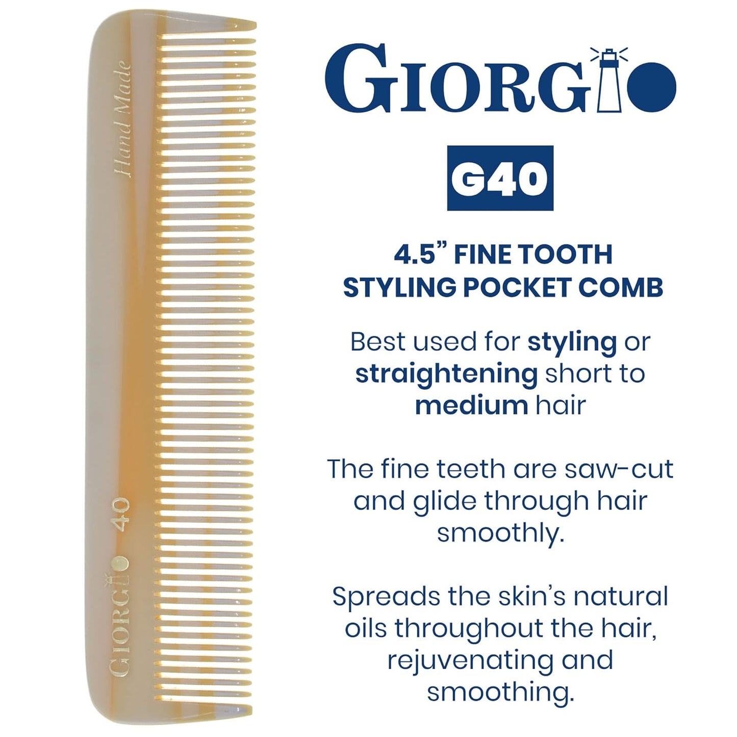 Giorgio G40 Handmade All Fine Tooth Pocket Comb, Hair Comb Straightener for Everyday Grooming Styling Hair, Mustache and Beard for Men Women and Kids, Use Dry or with Balms, Saw Cut and Polished