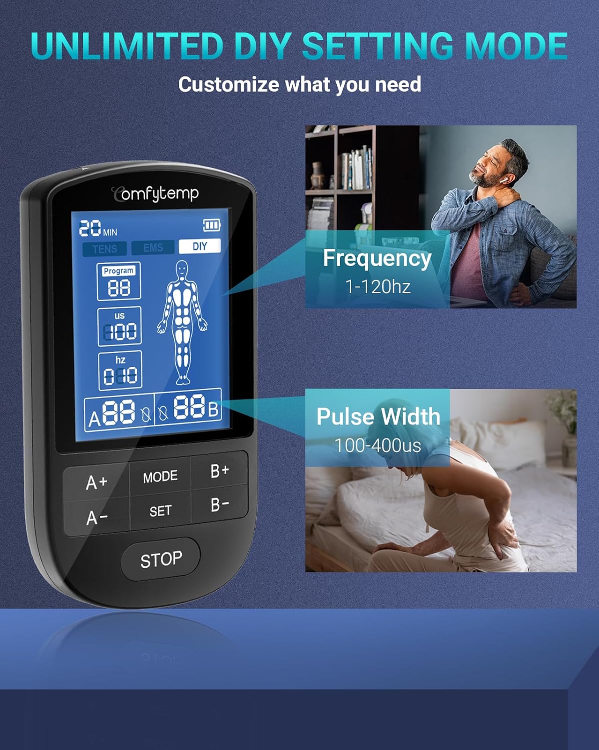 Comfytemp TENS Unit Muscle Stimulator for Pain Relief Therapy, FSA HSA Eligible TENS Machine, 20 & DIY Modes, Dual Channel EMS Unit, Pulse Muscle Massager for Back, Shoulder, Sciatica, Christmas Gifts