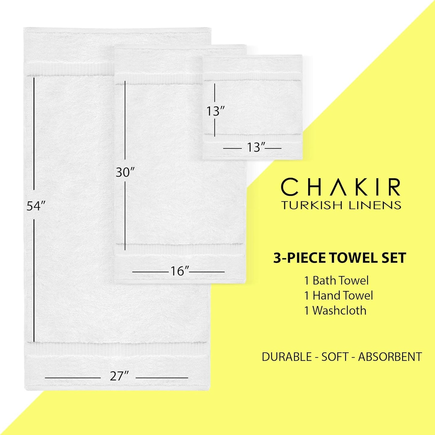 Chakir Turkish Linens | Hotel & Spa Quality 100% Cotton Premium Turkish Towels | Soft & Absorbent (Personalized 3-Piece Towel Set, White)