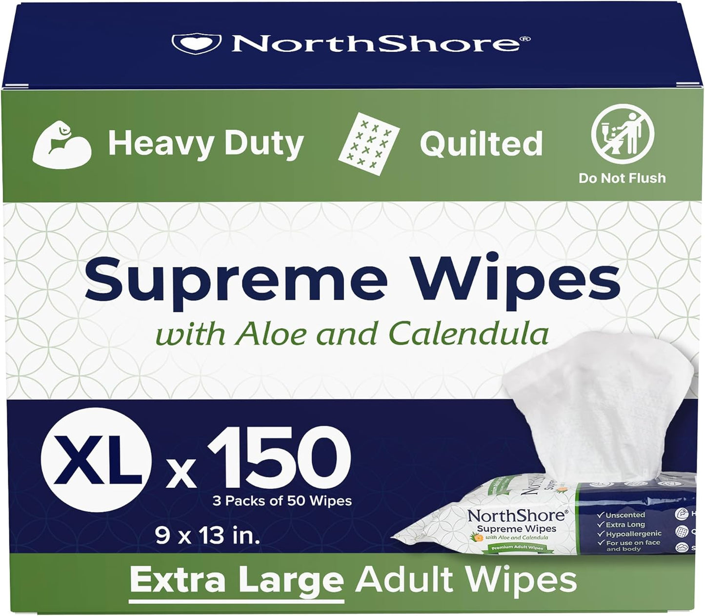NorthShore Supreme Heavy-Duty Quilted Wipes, X-Large, 9 x 13 in., 50 ct, 3-Pack