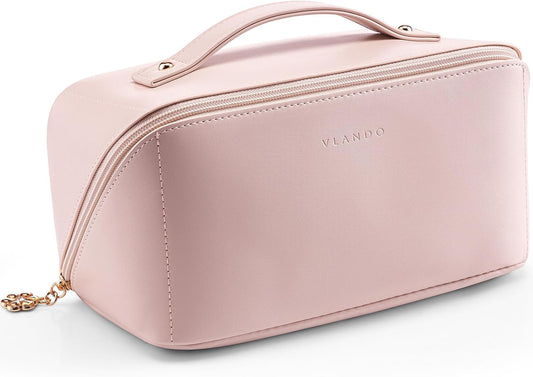 Vlando Makeup Bag,Large Capacity Travel Toiletry Bag,Cosmetic Bags for Women PU Leather Waterproof Portable Pouch with Divider & Handle-Pink