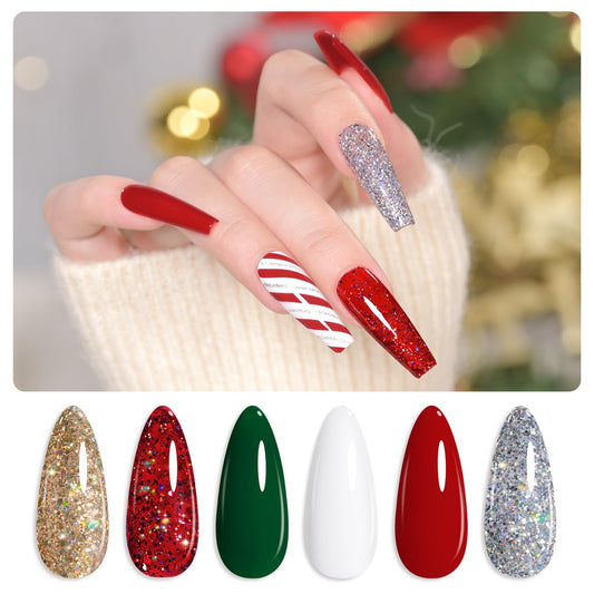 GAOY Glitter Gel Nail Polish Set of 6 Colors Including Red Green White Gold Sliver Chrome Platinum UV LED Soak Off Sparkly Home DIY Manicure