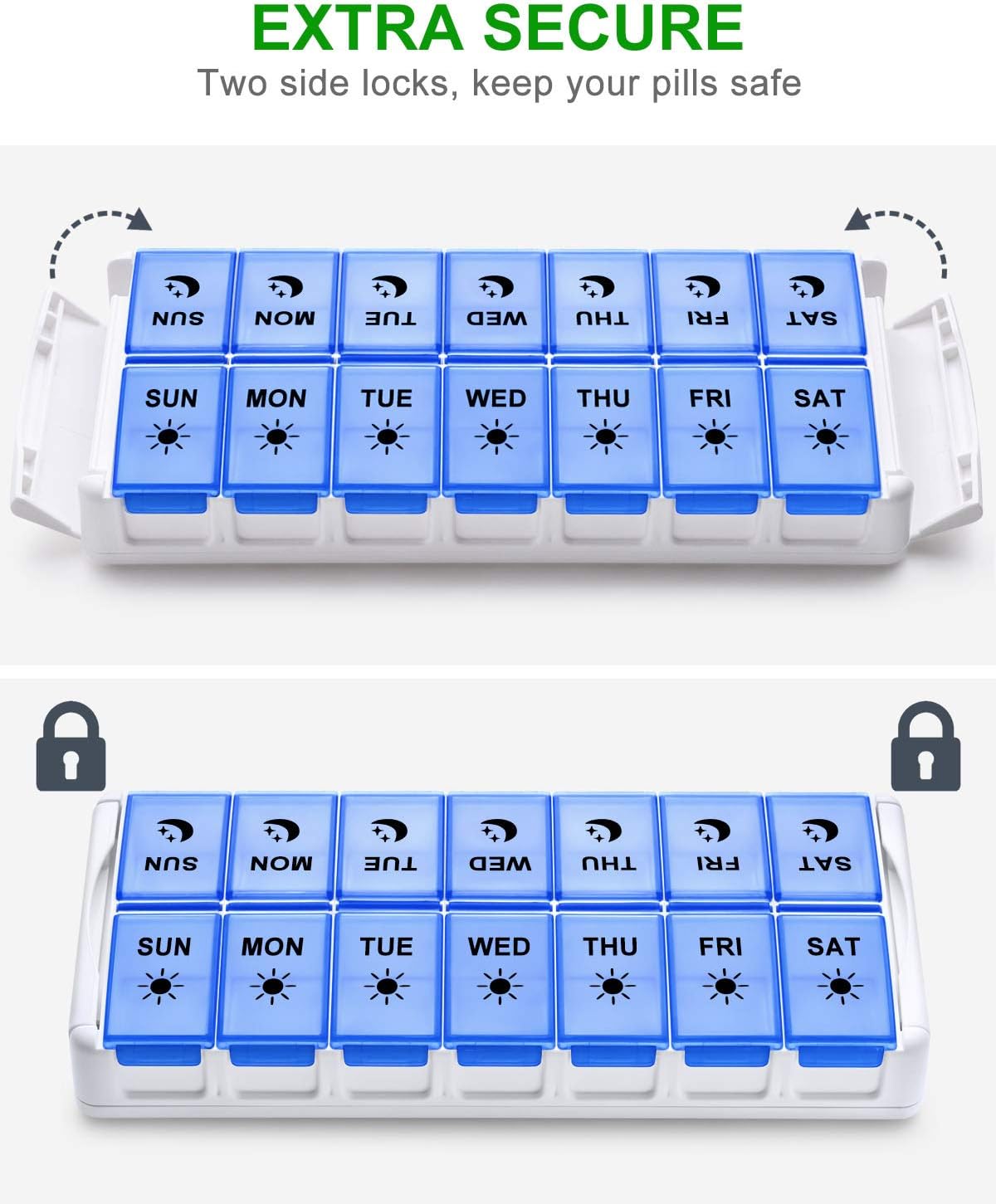 Weekly Pill Organizer 7 Day 2 Times a Day Extra Large, Quick Fill 2020 Fullicon AM PM XL Daily Pill Cases Pill Box with Detachable Base - White/Blue (Patent Registered)