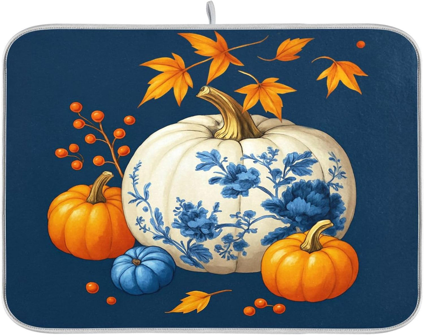 Pumpkin Porcelain Blue White Dish Drying Mat for Kitchen Countertop 18x24 Fall Maple Leaves Thanksgiving Day Large Drying Mat Reusable Quick Dry Dish Sink Mats Easy Clean Autumn Decorative Essentials