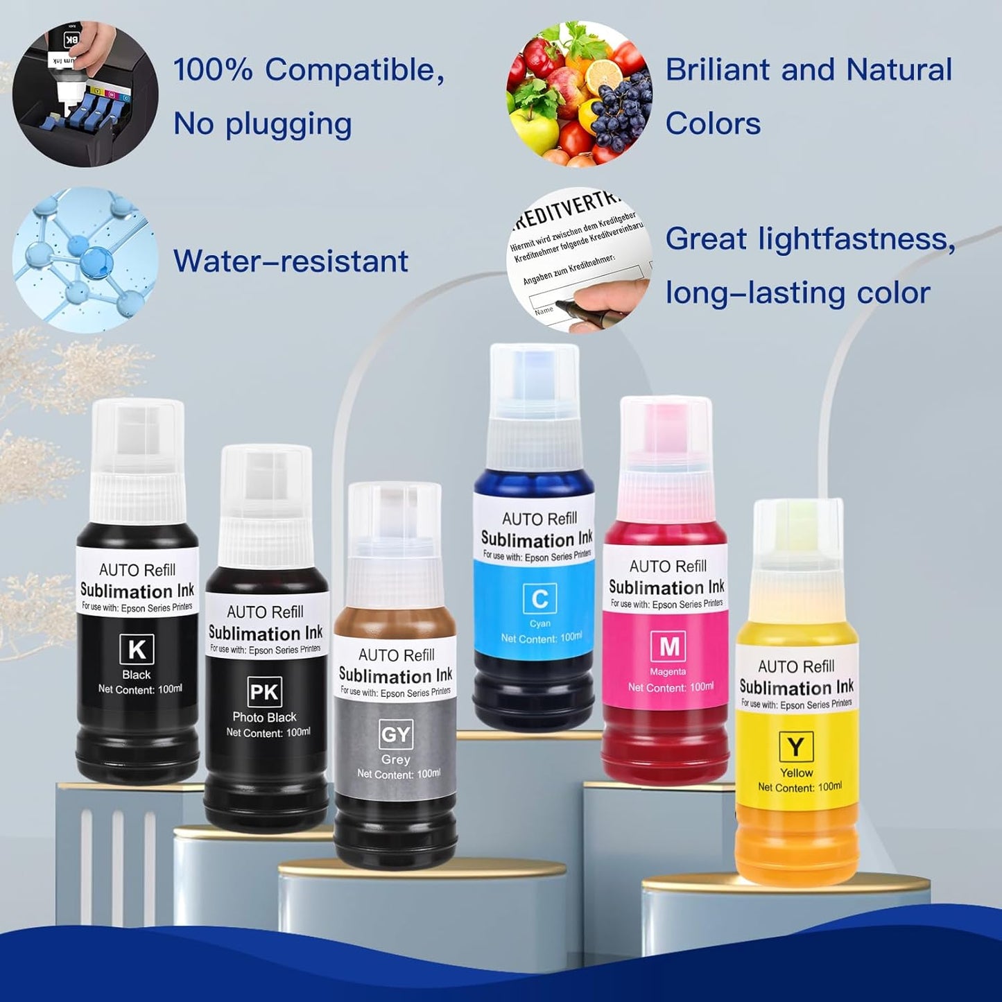 Sublimation Ink Refill Bottle Use for EcoTank Photo ET-8550, EcoTank Photo ET-8500（BK PBK C M Y GY, 600ml）