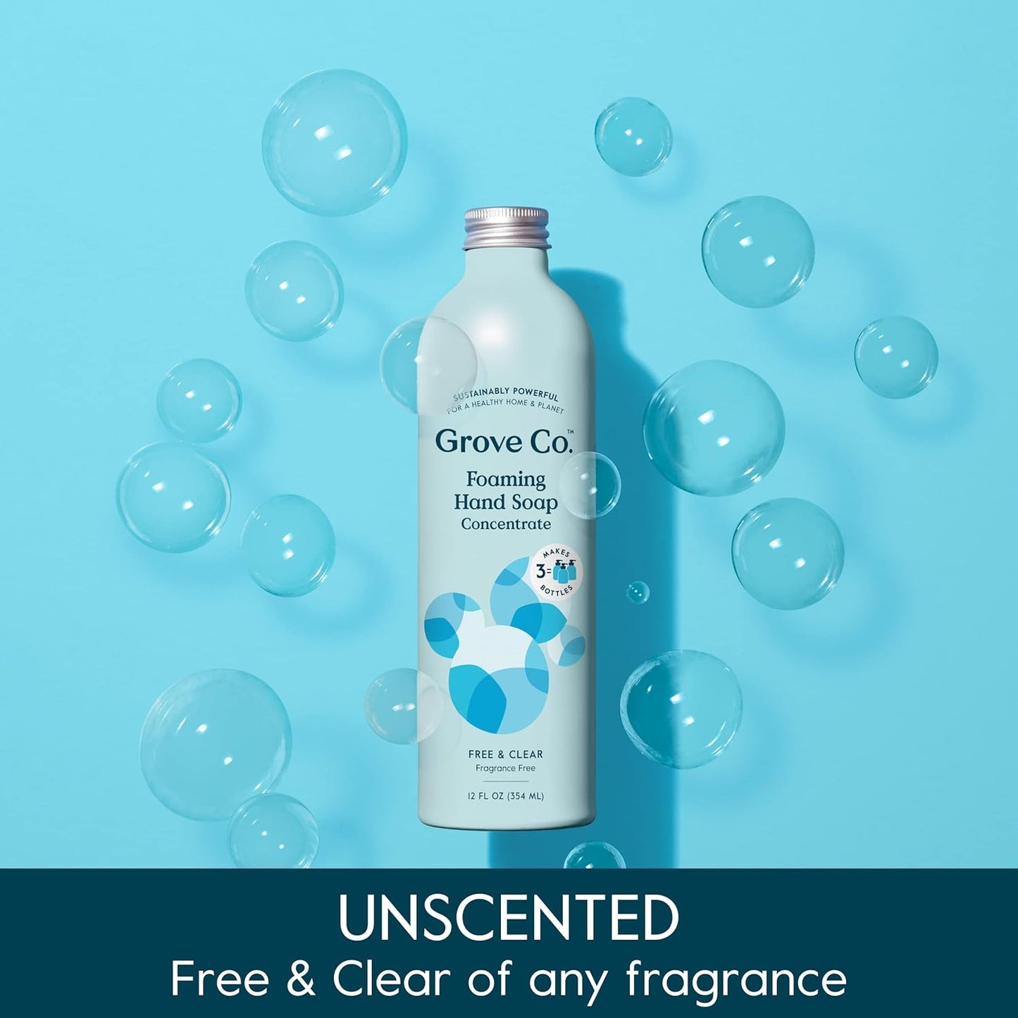 Grove Co. Foaming Hand Soap Concentrate (12 Fl Oz) + Reuseable Glass Soap Dispenser, Plastic Free and Liquid Refillable Starter Kit, Free & Clear Unscented