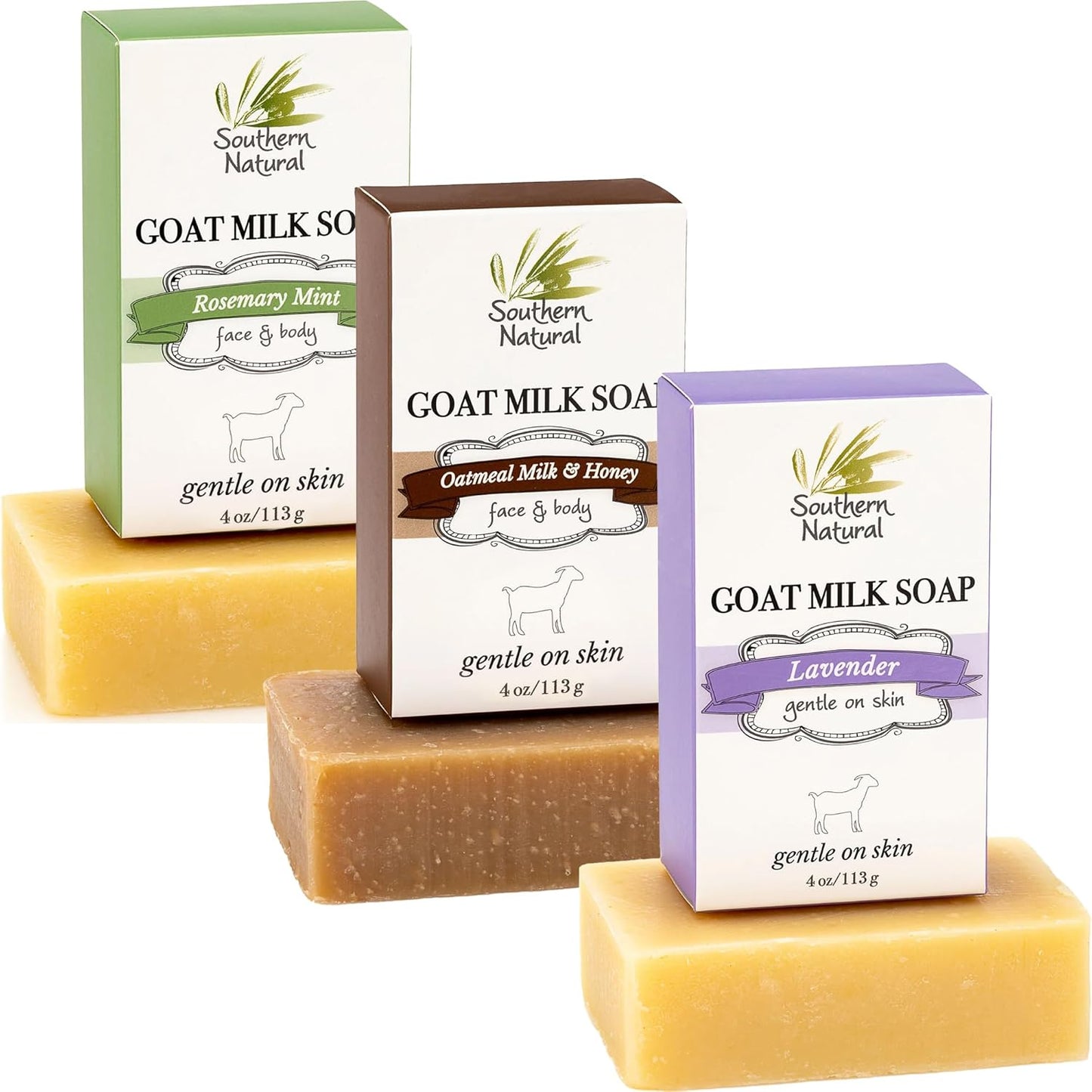 Southern Natural Goat Milk Soap Bar – Lavender, Oatmeal Milk & Honey, Rosemary Mint – Handmade for Dry and Sensitive Skin– Face & Body Wash for Men, Women, Kids, Baby – 3 pack (4-4.5 oz)