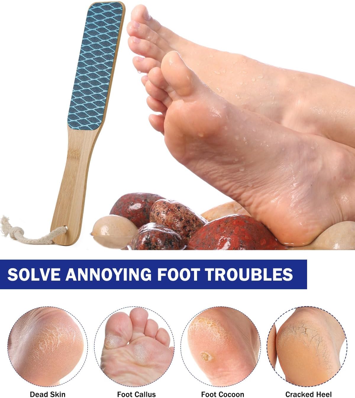 BEZOX Foot File Callus Remover with Bamboo Handle(1 PCS), Double-Sided Portable Foot Sander, Professional Pedicure Heel Scrubber for Smooth and Beautiful Feet - Blue