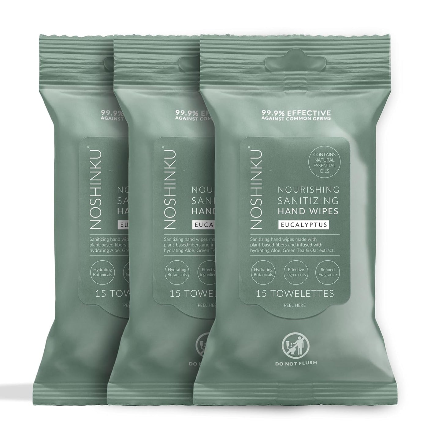 Noshinku Eucalyptus Hand Sanitizer Wipes, 3-Pack (45 Towelettes) – Resealable Travel Wipes with Ethyl Alcohol, Aloe & Green Tea, Plant-Based Fiber, Essential Oil Scents, Cruelty-Free & No Dyes