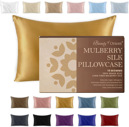 19 Momme Premium Mulberry Silk Pillowcase for Hair and Skin | Handcrafted Hypoallergenic & Anti-Acne 100% Silk Pillow Cases with Zipper | Standard - 20" x 26", Golden Honey