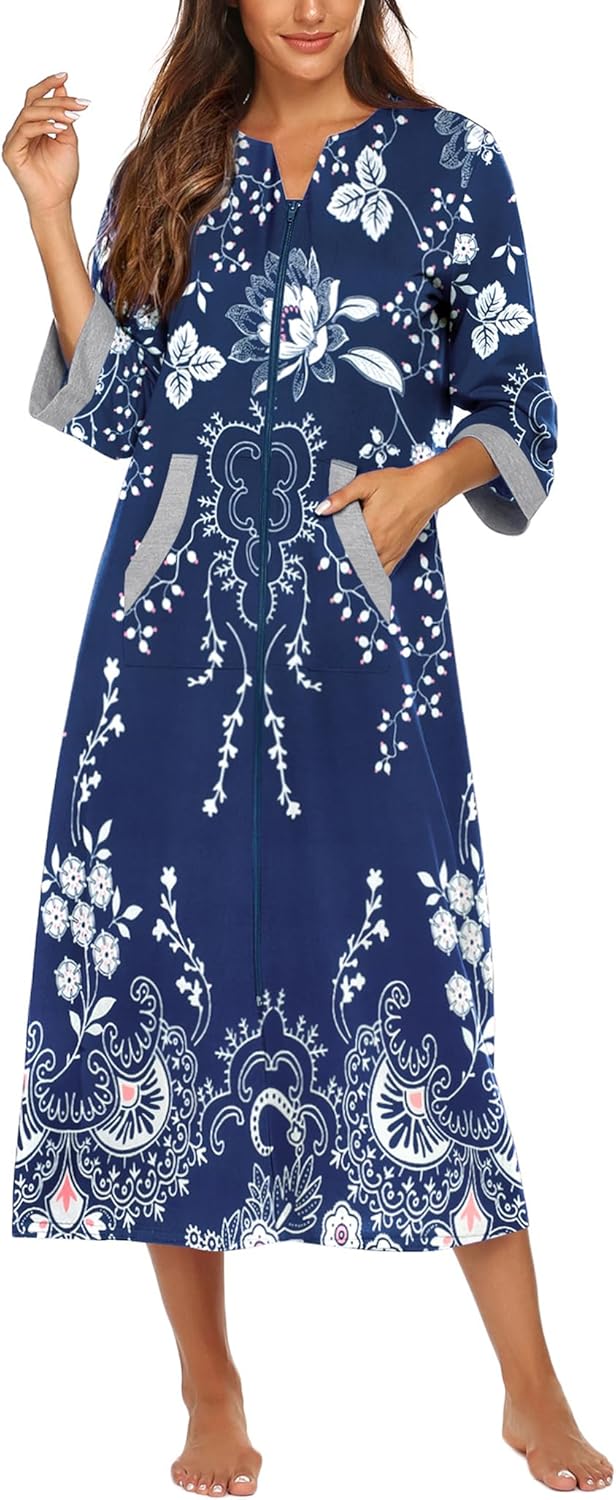 Ekouaer Women Zipper Robe 3/4 Sleeves Loungewear Dress Full Length Sleepwear Pockets Housecoat Nightgown Long Bathrobe