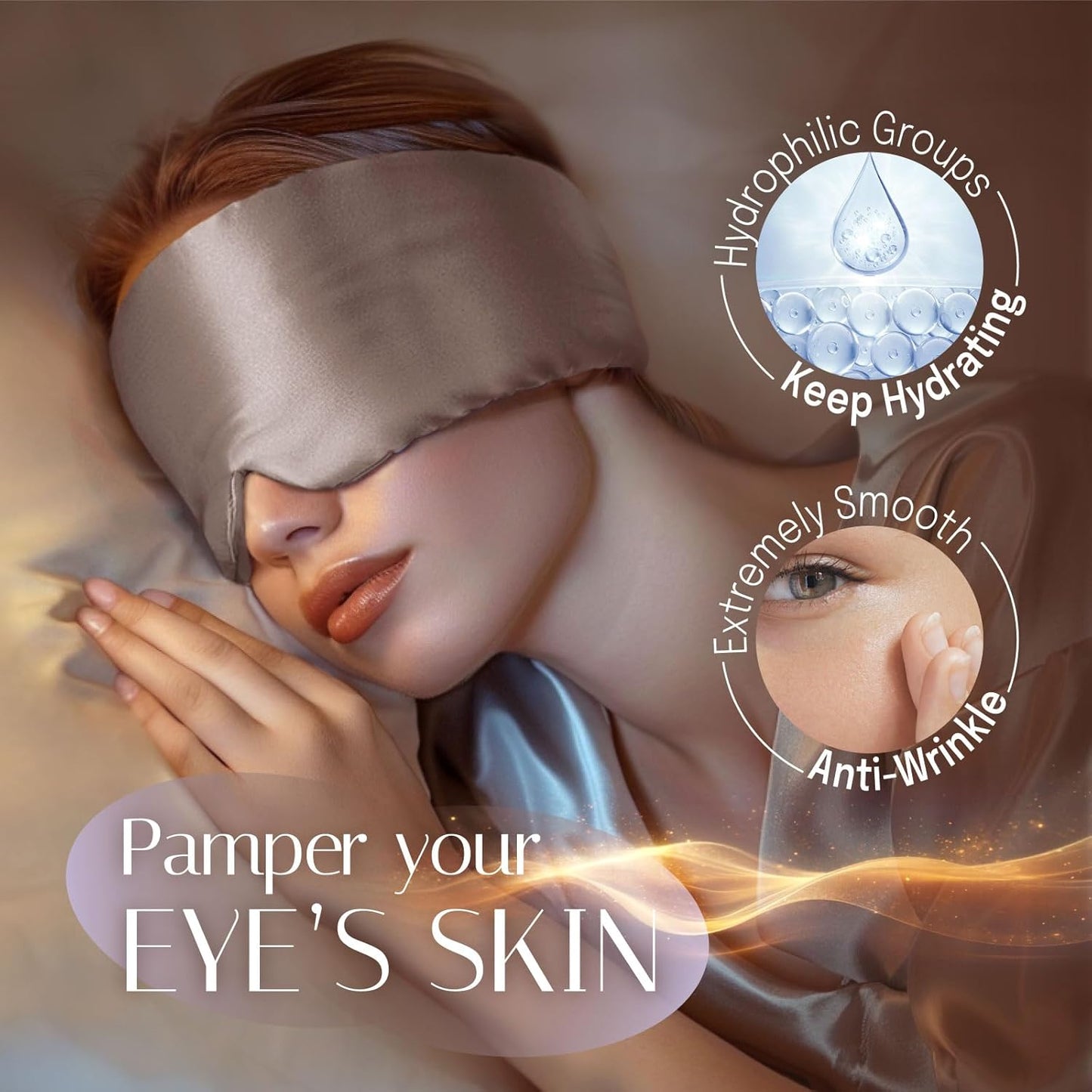 Silk Sleep Mask Soft Pressureless: 100% Mulberry Silk for Eye Skin Anti Wrinkles, Large Size for Total Blackout, Adjustable Wide Velcro Ear Cover