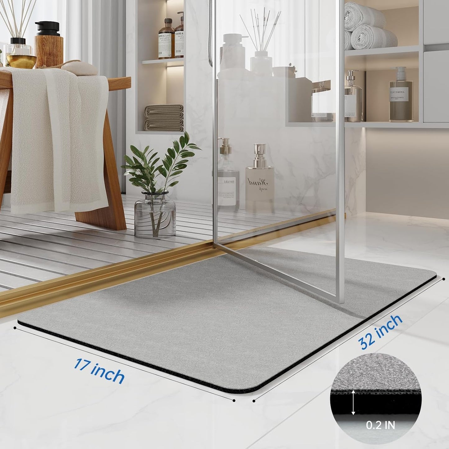 Bath Mat Rugs 32x17 - Diatomaceous Earth Bath Mat Quick Dry Absorbing Bathroom Rugs Rubber Non Slip Thin Bathroom Mat Fit Under Door, Bath Mat for Bathroom Floor, Tub and Shower, Sink, Grey