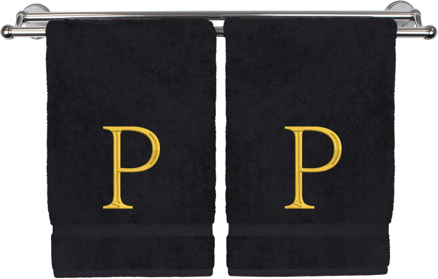 Monogrammed Hand Towel, Personalized Initial Gift, Extra Absorbent 100% Turkish Cotton - Soft Terry Finish - Set of 2 - Gold Block Initial P - Embroidered on Black Towels