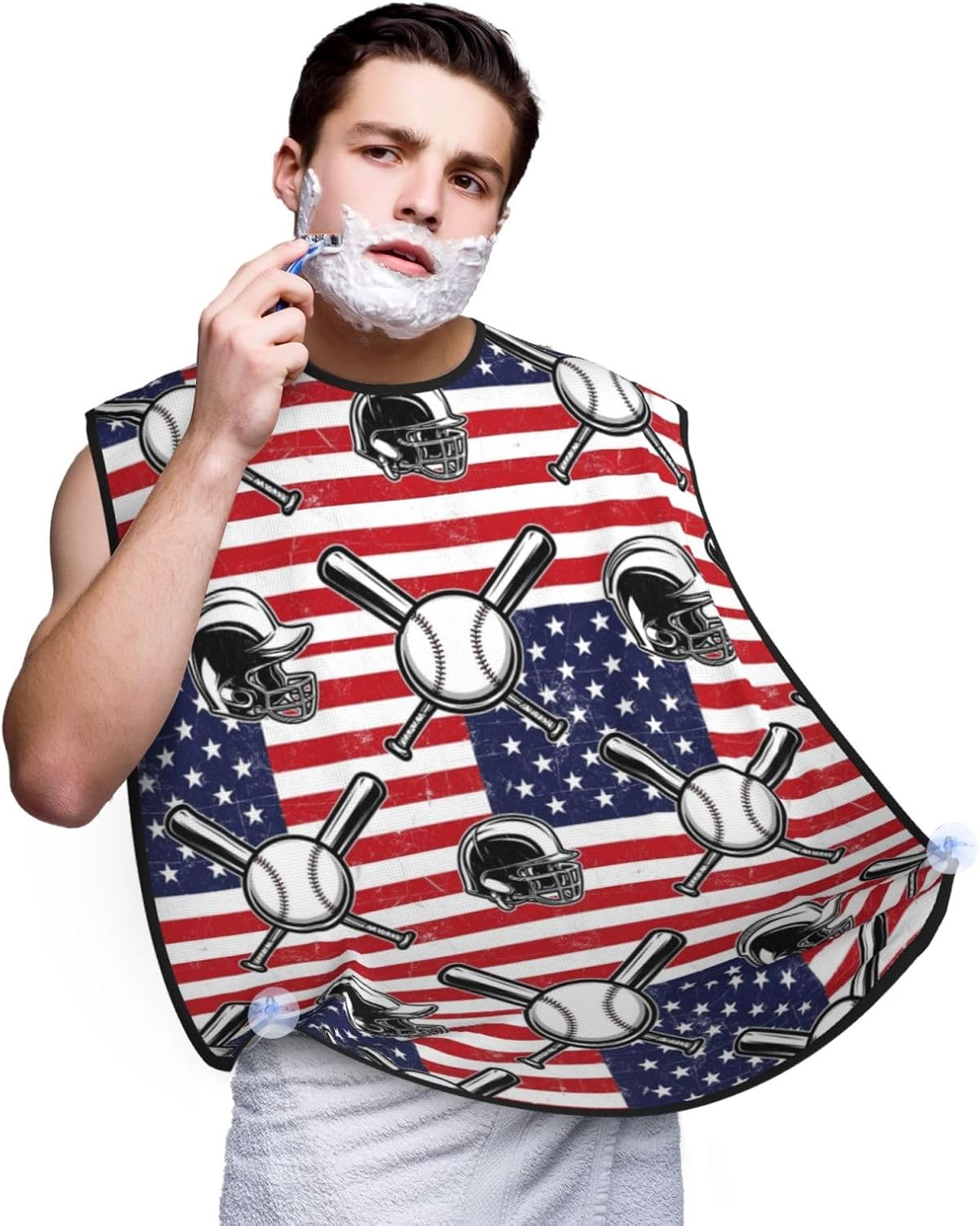 Men's Shaving Accessory Vintage Baseball American Flag, Waterproof Beard Apron with Hair Catcher & Suction Cups