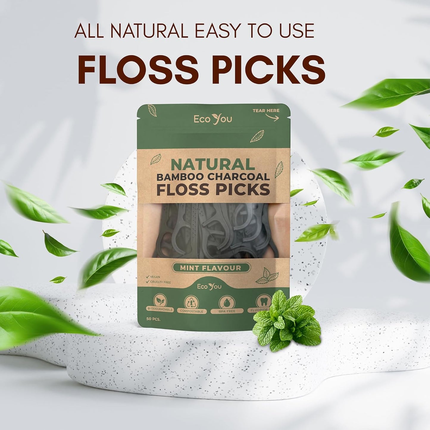 Biodegradable Floss Picks | 50 Count (1 Pack) | Mint Flavor, Candililla Wax | Sustainable & Reusable | Vegan & Cruelty-Free | Bamboo Floss Picks, Bamboo Toothpicks