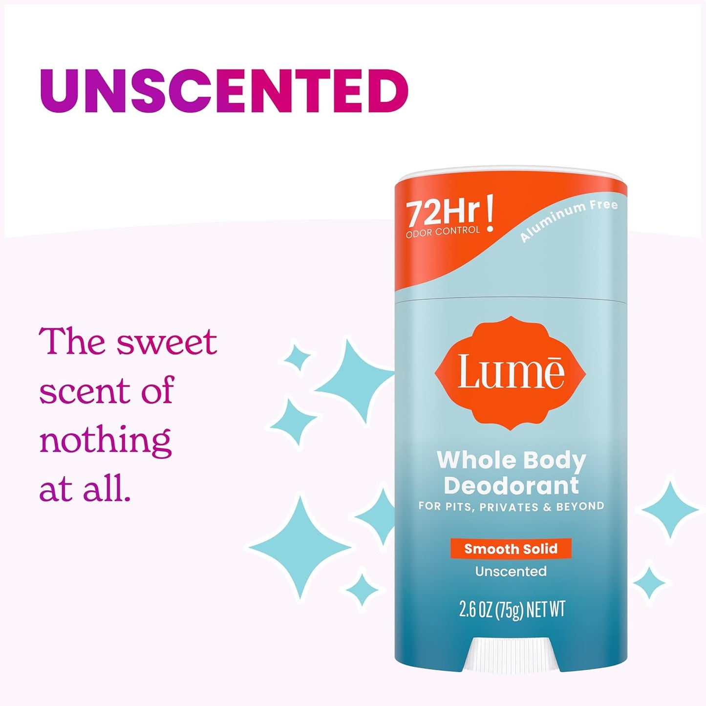 Lume Whole Body Deodorant - Smooth Solid Stick - 72 Hour Odor Control - Aluminum Free, Baking Soda Free and Skin Safe - 2.6 Ounce (Pack of 2) (Unscented)