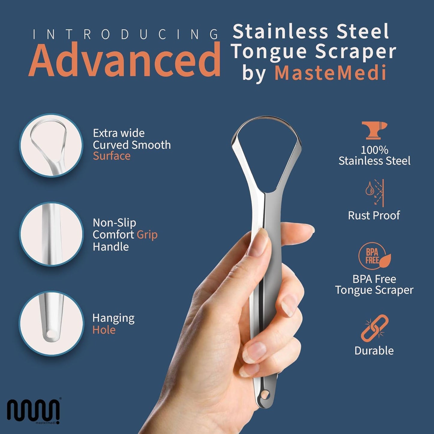MasterMedi Tongue Scraper for Adults, 100% Stainless Steel Tongue Scrubber for Bad Breath, Easy to Use, Tongue Cleaner for Oral Care & Hygiene (SPTC-1|with Case)