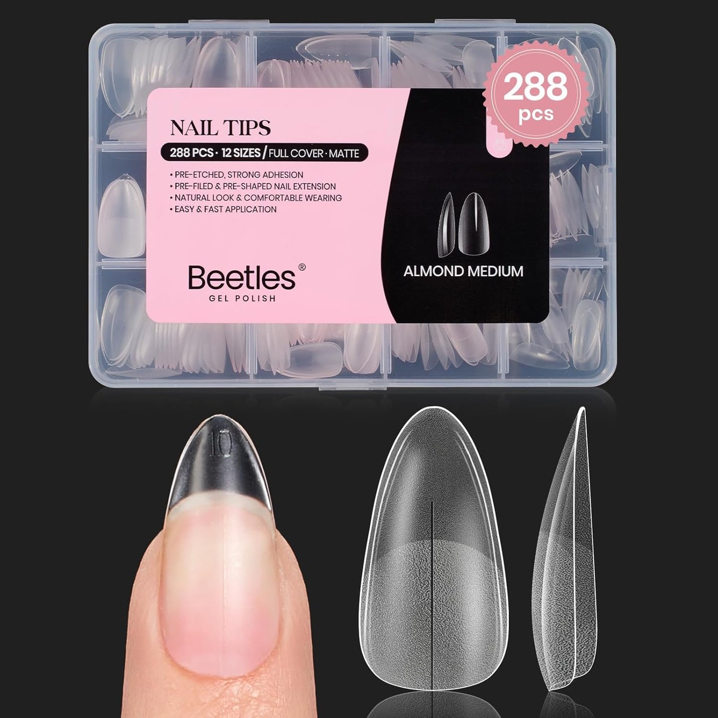 Beetles Medium Almond Nail Tips: 288PCS Medium Almond Matte Clear False Acrylic Press on Nails Tips 12 Sizes Pre-shape Full Cover Nail Tips Nail Extension DIY Valentines Day Gifts for Women