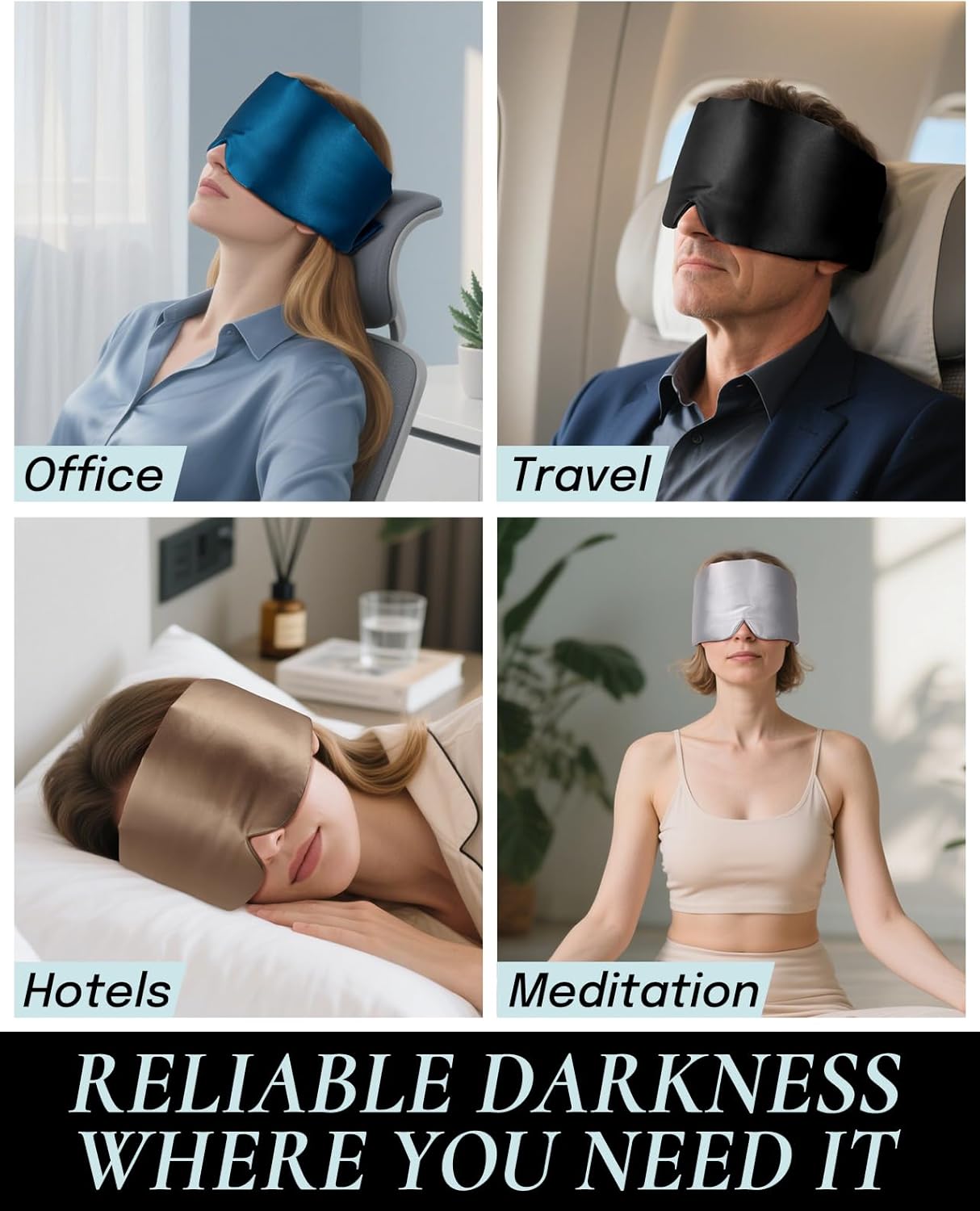 Zenssia Satin Sleep Mask for Women and Men, Lightweight Padded Eye Mask with Adjustable Strap, Comfort Blackout for Travel and Nap - Black