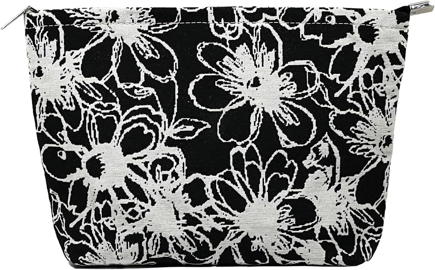 Floral Makeup Bag for Women,Travel Makeup Pouch for Purse, Black Zippered Pouch, Canvas Make Up Bag L Comfortable Lightweight Makeup Bag, Zipper Bag Cosmetic Bag for Women