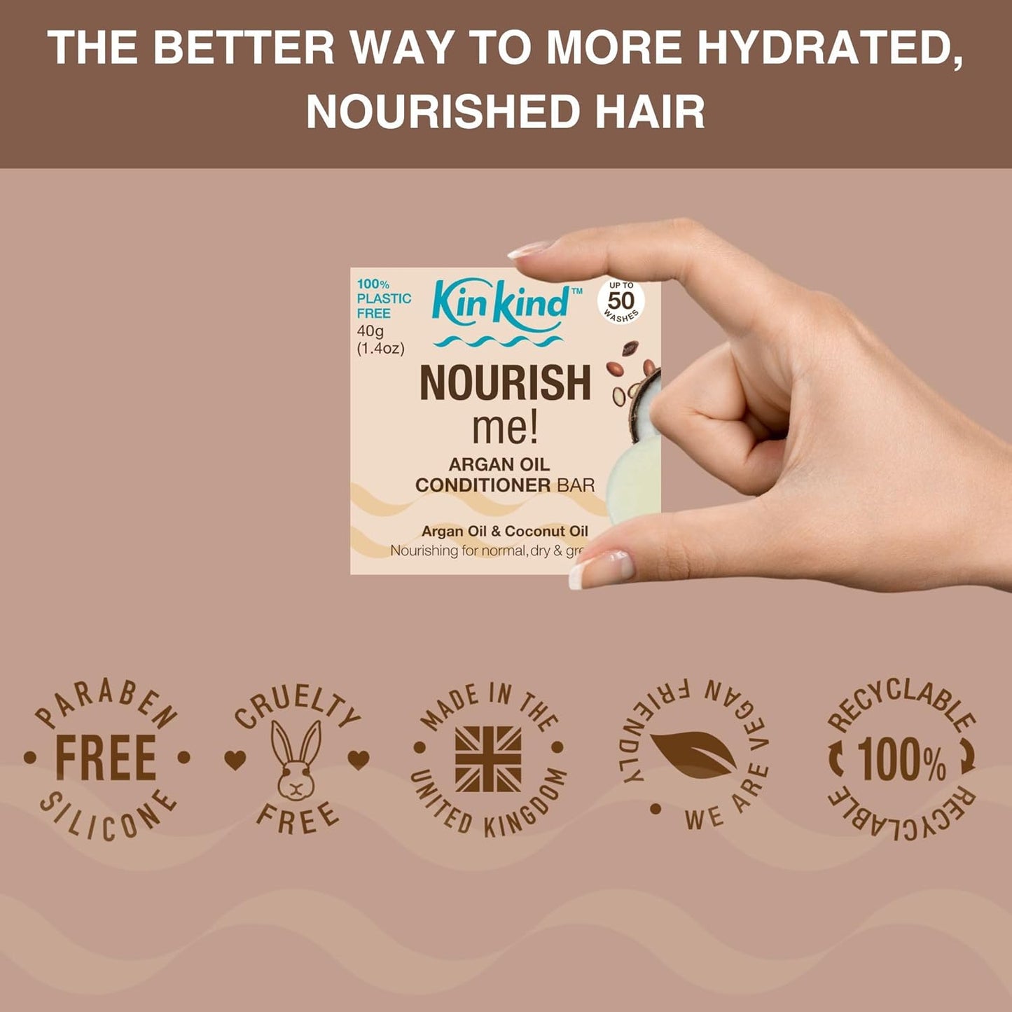 KinKind Hair Conditioner Bar - NOURISH Me! | Argan Oil Conditioner Bar for Hair - Solid Coconut Conditioner - Dry Hair Conditioner | For Normal/Dry & Grey Hair | Up to 50 Washes - Vegan & Cruelty Free