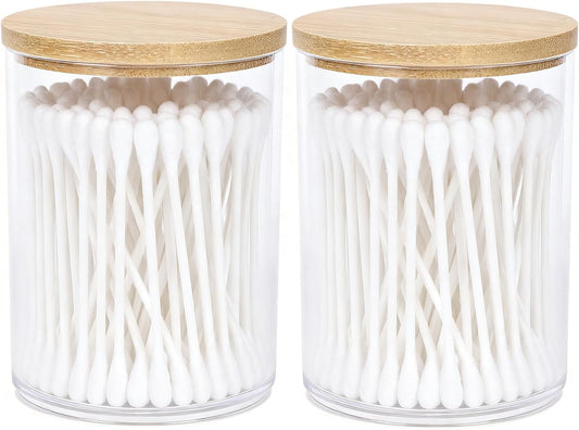 AXX Qtip Dispenser Apothecary Jars Bathroom - Qtip Holder Storage Canister Clear Plastic Jar for Cotton Swab,Q-Tips,Cotton Rounds (H#Bamboo 2Pcs)