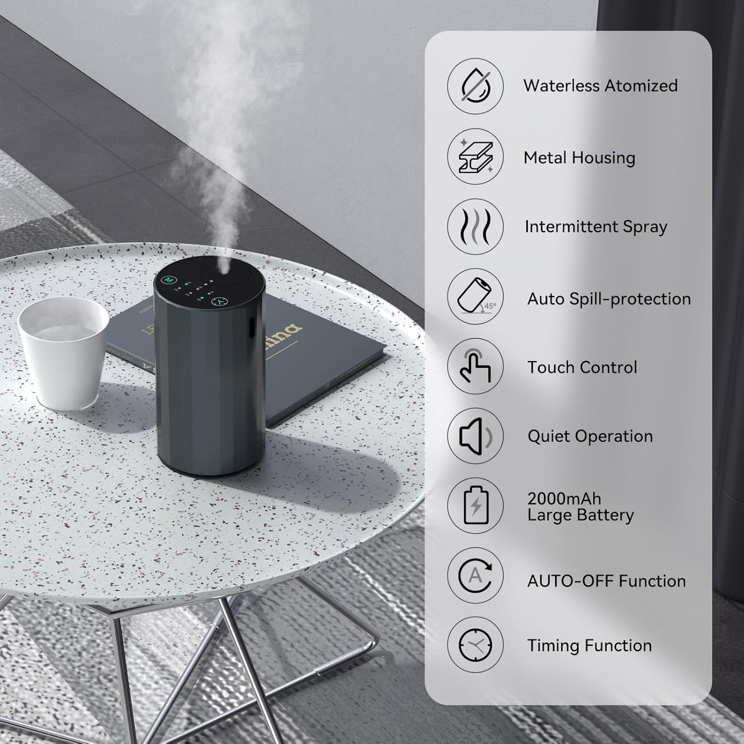 Waterless Essential Oil Diffuser Aromatherapy Scent Diffusers for Home Large Room, Bedroom, Car, Office, Desk, Battery Operated Mini Portable Air Freshener (Grey)