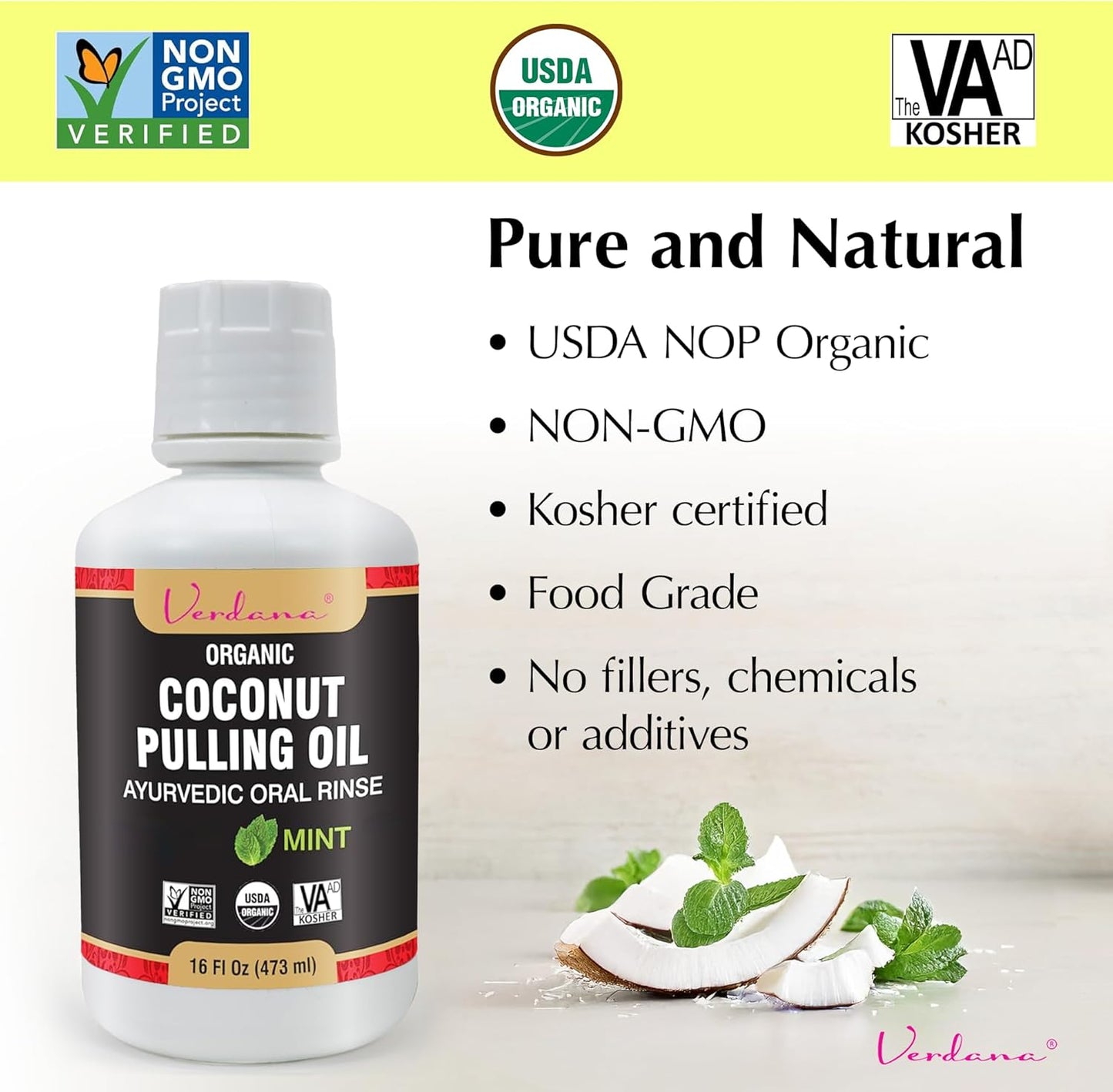 Verdana Organic Oil Pulling Mouthwash – 16 oz Mint – USDA Organic Coconut Oil Rinse for Teeth & Gums – Alcohol-Free, Fluoride-Free Natural Mouthwash for Fresh Breath & Gum Health