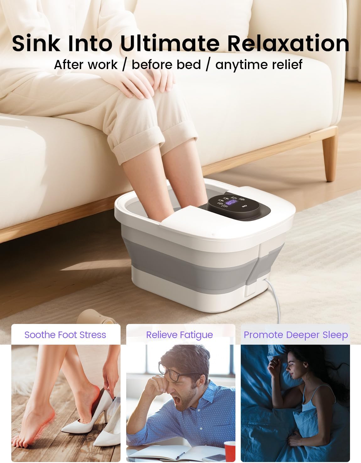 RIKE Collapsible Foot Spa with Heat, Bubbles, 24-Level Temp Control, Red Light, Timer, Foot Soaking Tub with 6 Shiatsu Rollers & Pumice Stone, Foot Bath Massager Pedicure FootSpa for Stress Relief