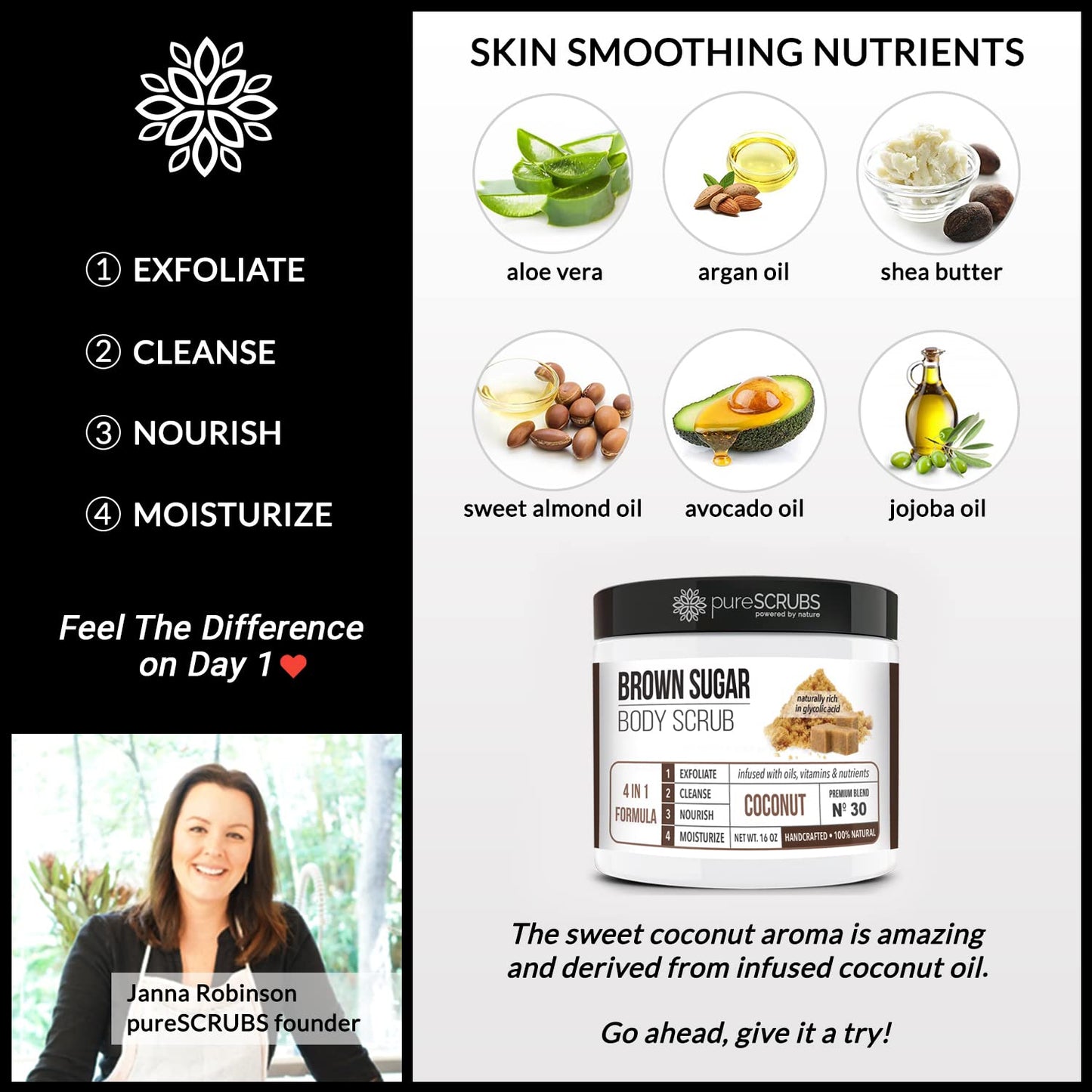 pureSCRUBS Premium Coconut Brown Sugar Scrub | Face, Feet & Full Body Scrub | Large 16oz Jar Includes Wooden Spoon, Loofah & Mini Exfoliating Bar Soap