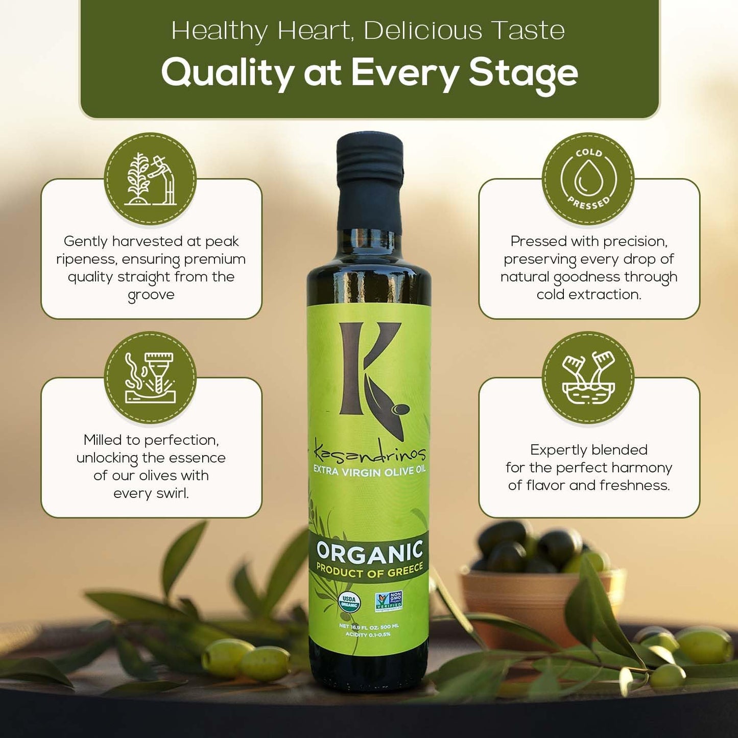 Kasandrinos Organic Olive Oil Extra Virgin, Polyphenol Rich Greek Olive Oil, 100% Organic First Cold Pressed, Mild + Delicate Flavor, Verified by Non GMO, 500 ml / 16.9 oz (Pack of 4)