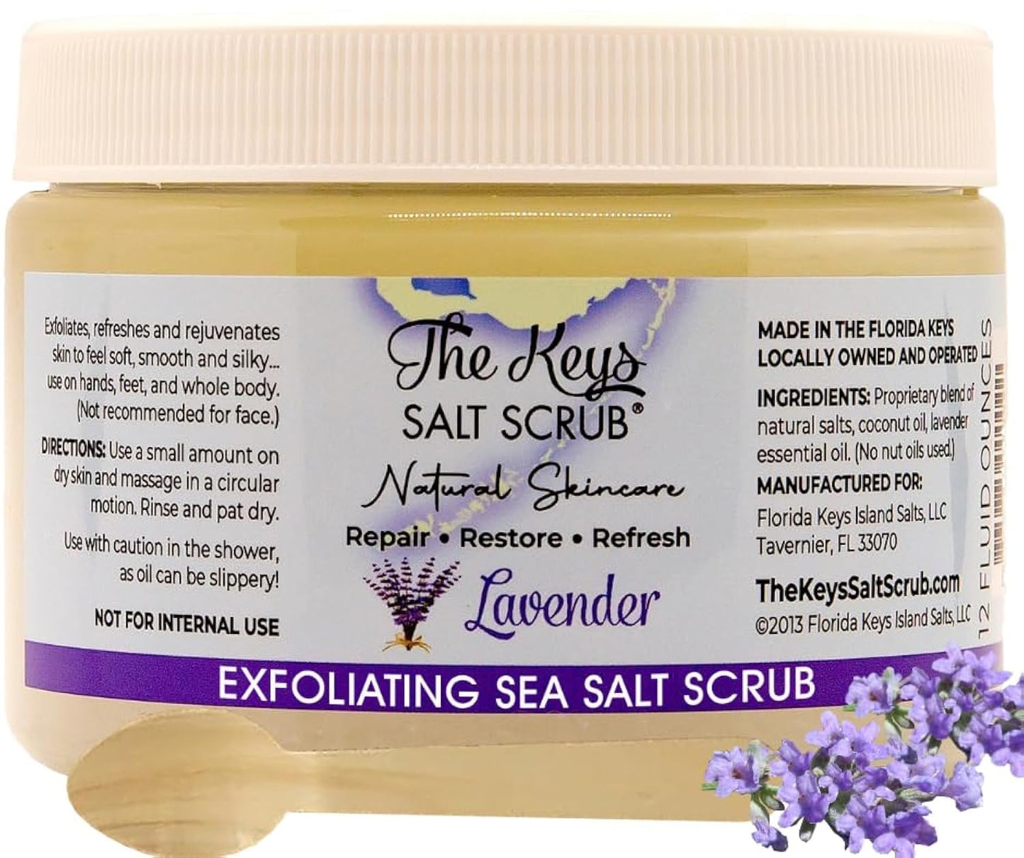The Keys Salt Scrub -Sea Salt Scrub - Exfoliating Body Scrub with Wooden Spoon - Moisturizing Exfoliator for Hands, Foot, Bath, (12 Ounce (Pack of 1), Lavender)