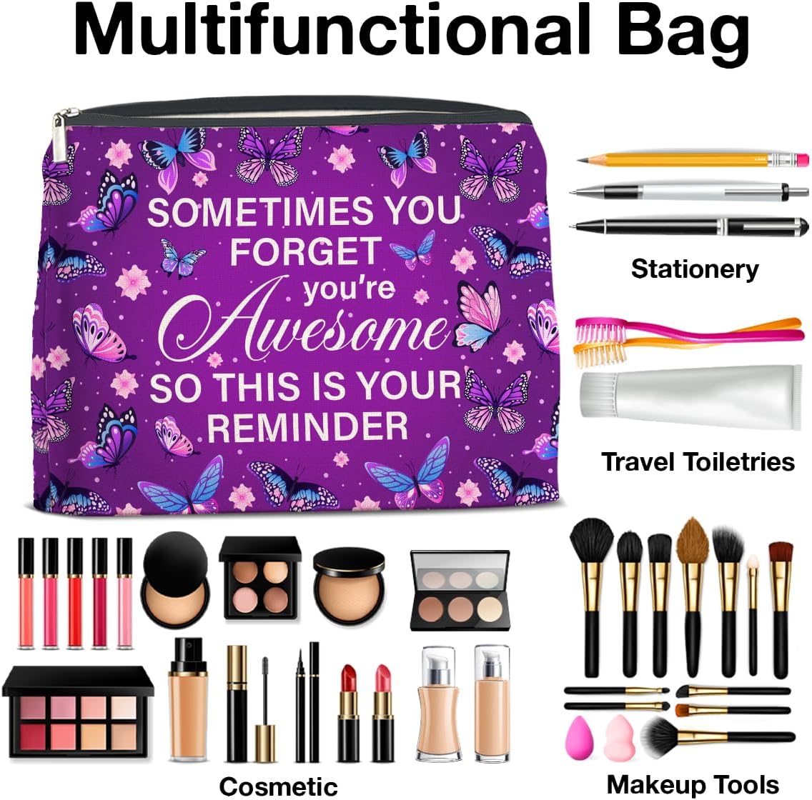 Purple Butterfly Makeup Bag Gifts for Women Purple Butterflies You're Awesome This Is Your Reminder Cosmetic Bag Zipper Pouch Travel