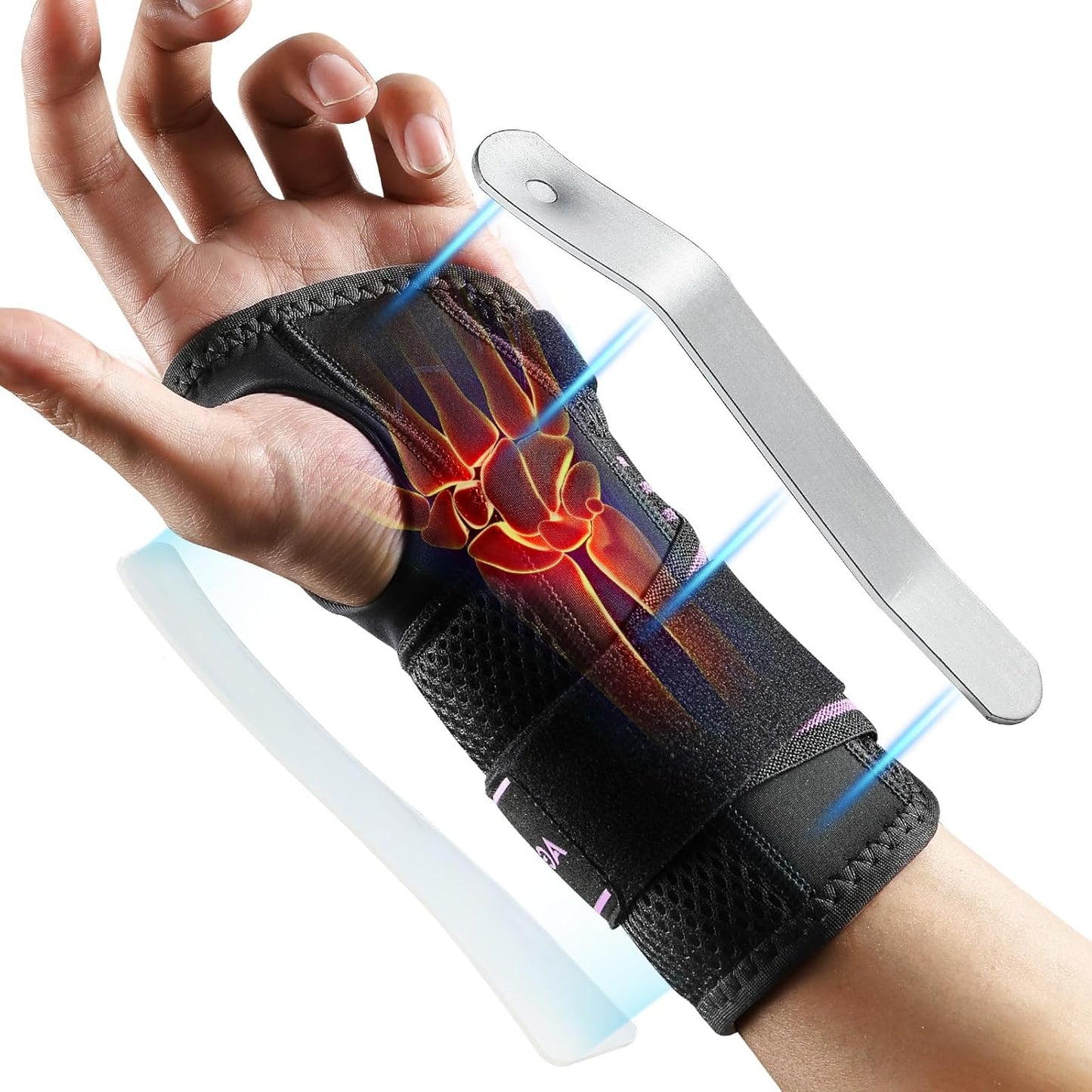 AGPTEK Carpal Tunnel Wrist Brace for Men Women, Night Sleeping Wrist Support with 2 Splints, Pain Relief Hand Brace for Arthritis Sprains Tendonitis, Adjustable Wrist Splint for Left Hand (S/M,Black & Purple)