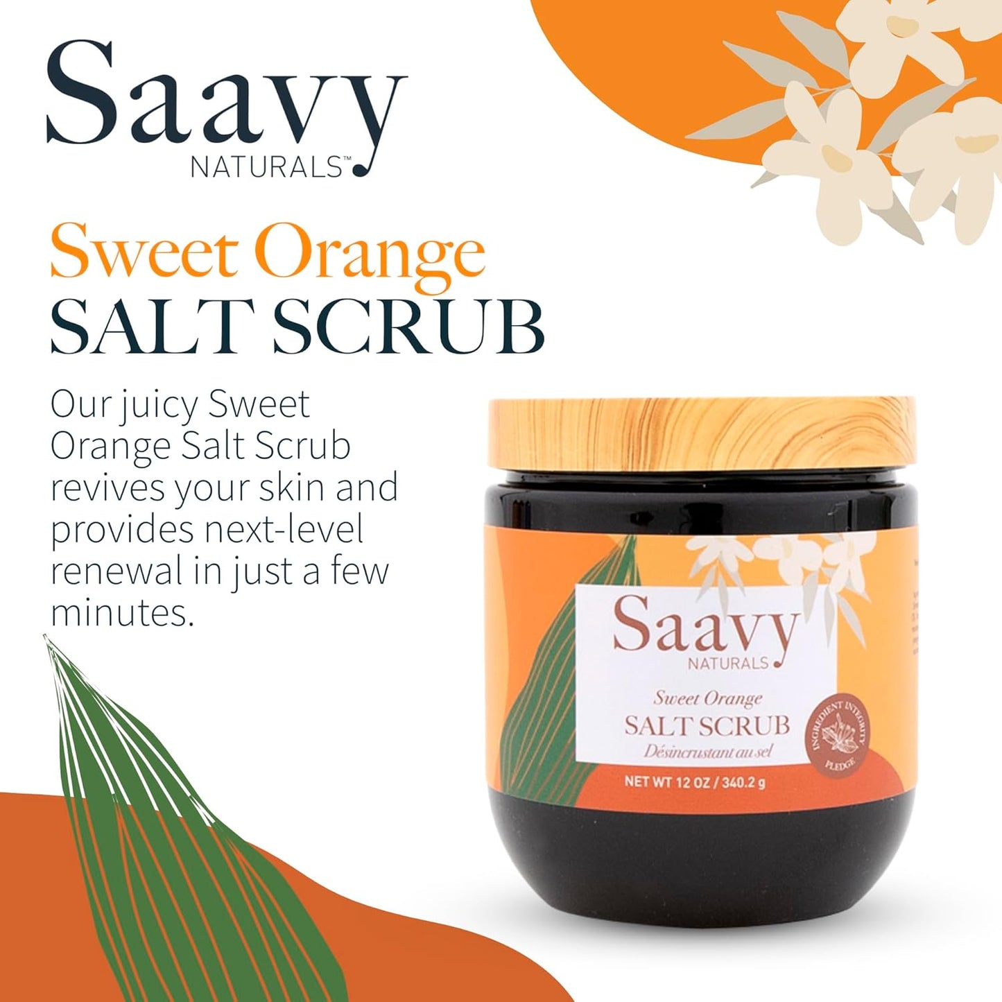 Saavy Naturals Sweet Orange Salt Scrub, An invigorating blend of Dead Sea Salts, nourishing organic oils, Vegan Natural Body Scrub with Vitamin E, Gift Set, 12 Oz 2 Pack -Made in the USA