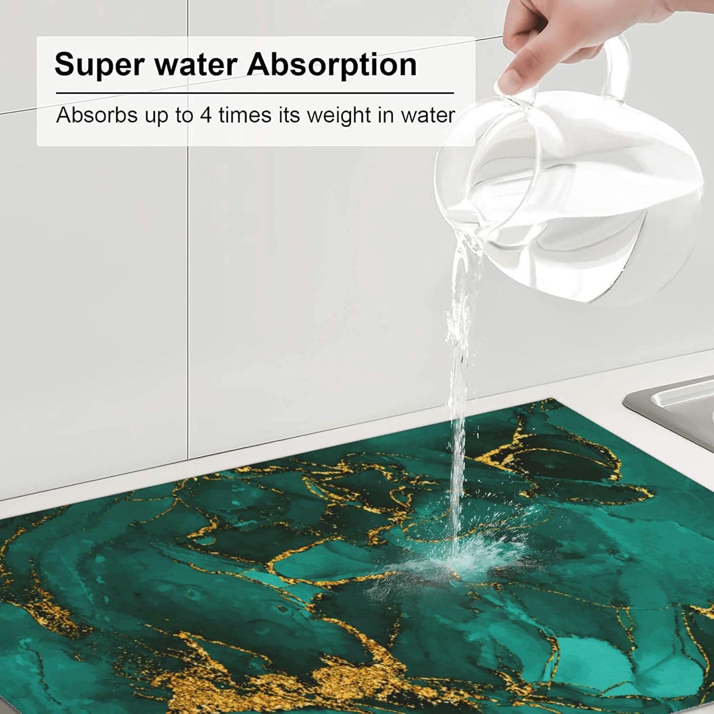 Turquoise Marble Decorative Dish Drying Mat for Kitchen Counter Emerald Dark Green Dishes Pad Dish Drainer Rack Mats 18"x24" Absorbent Washable Reusable