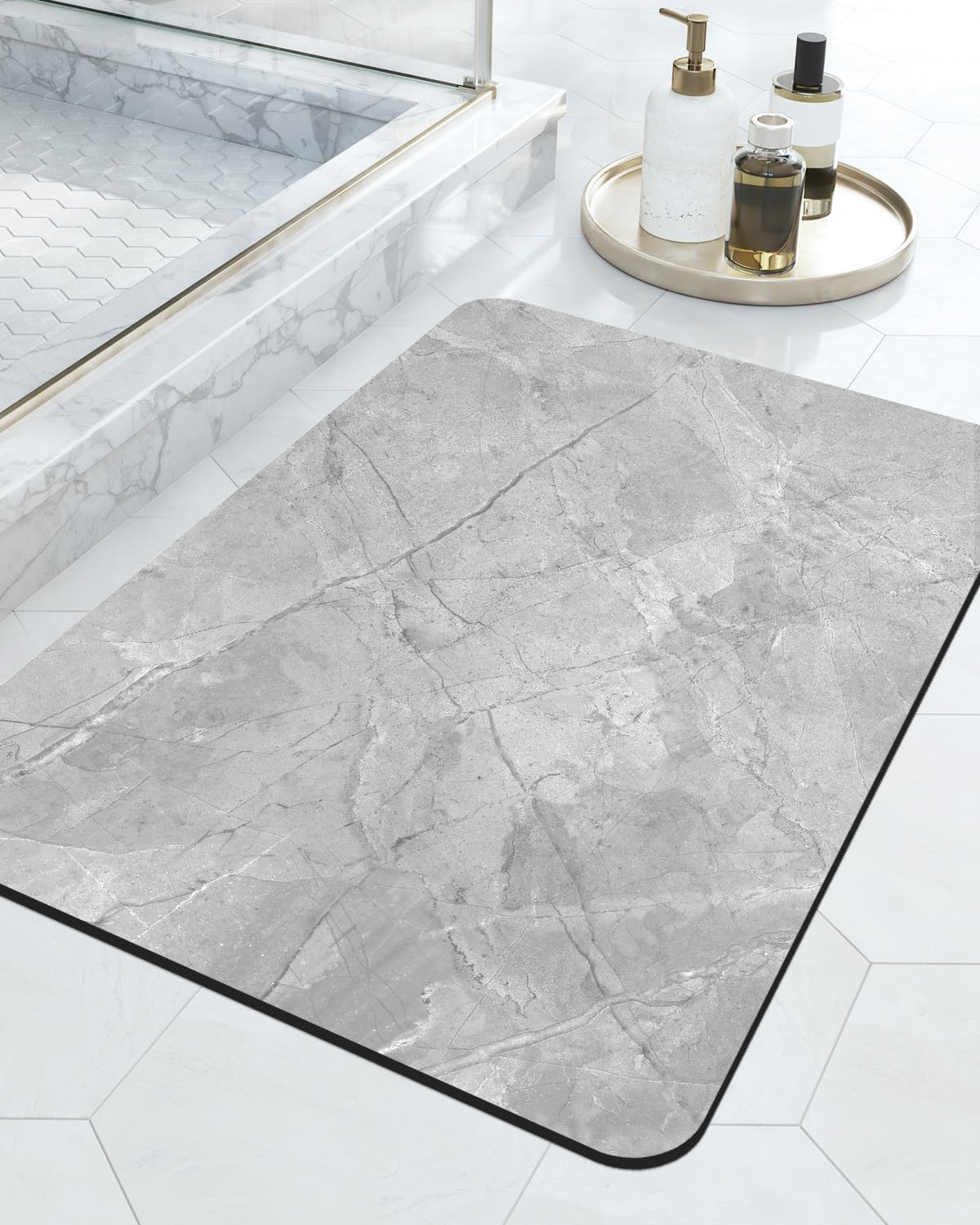 DEXI Bath Mat 16x24, Non Slip Quick Dry Rugs, Super Absorbent Ultra Thin Marble Bathmat, Washable Rubber Mats for Shower Floor, in Front of Bathtub, Sink, Bathroom Accessories Decor, Light Grey