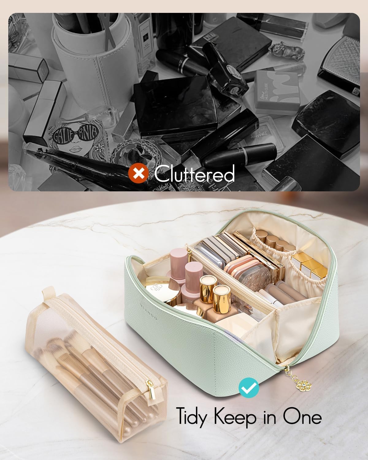 Vlando Makeup Bag,Large Capacity Toiletry Bag for Women Waterproof Portable Make up Pouch PU Leather Open Flat Cosmetic Bag(Mint Green)