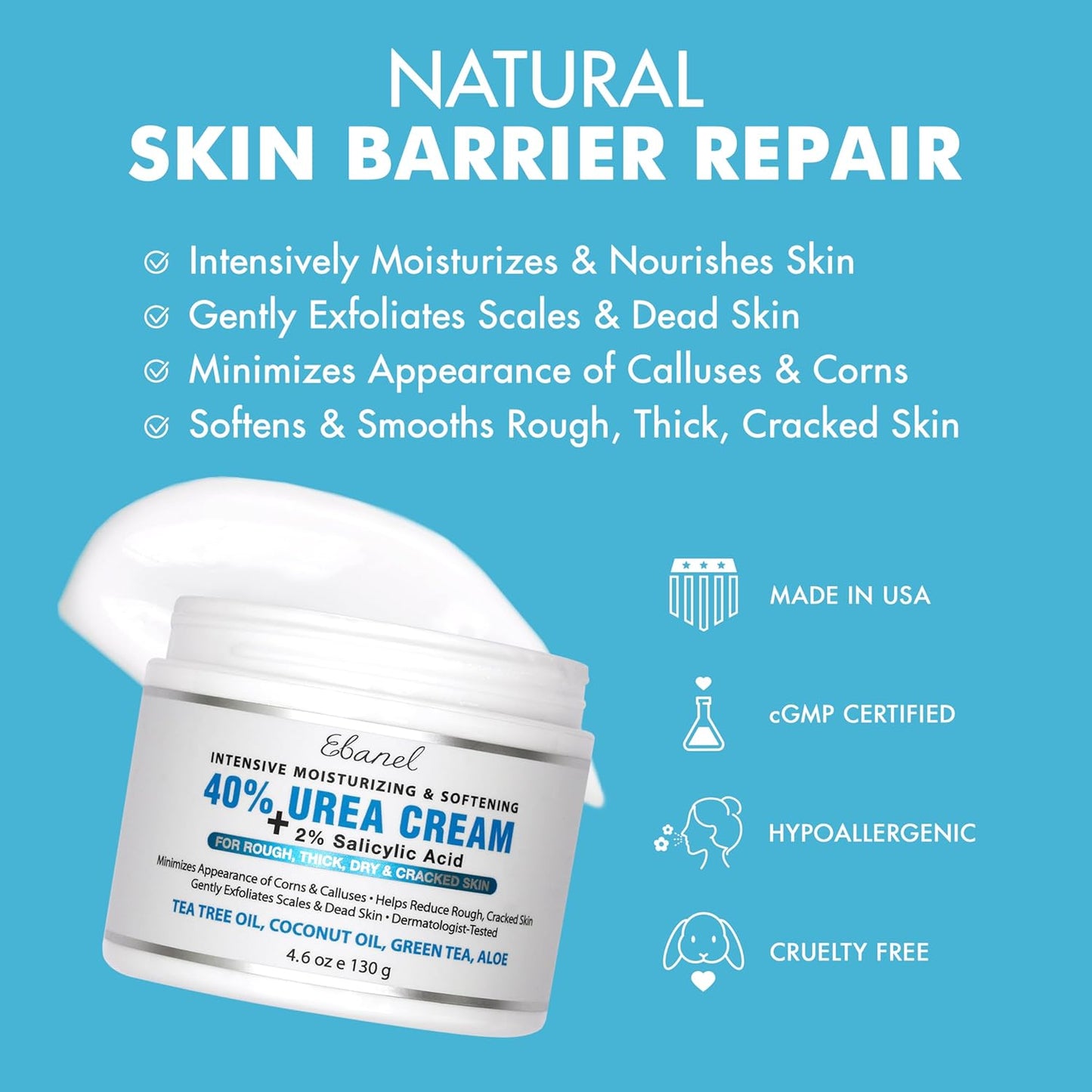 Ebanel Urea Cream 40% plus Salicylic Acid 2%, Foot Cream for Dry Cracked Heels Feet Knees Elbows Hands, Foot Dead Skin Cuticle Callus Remover Toenail Softener, Keratolytic Skin Barrier Repair, 2-Pack