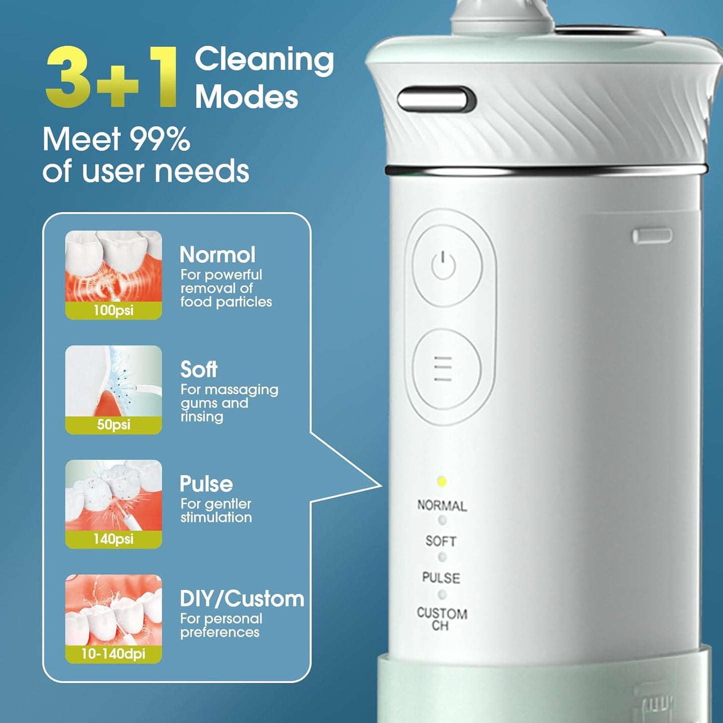 HANGSUN Compact Travel Water Flosser-Cordless, Deep Plaque Removal, 30 Days Battery, 3+1 Modes (DIY 8 Levels), 6 Nozzles for Braces/Sensitive Gums, IPX7, 180ml Collapsible Tank, Rechargeable, Green