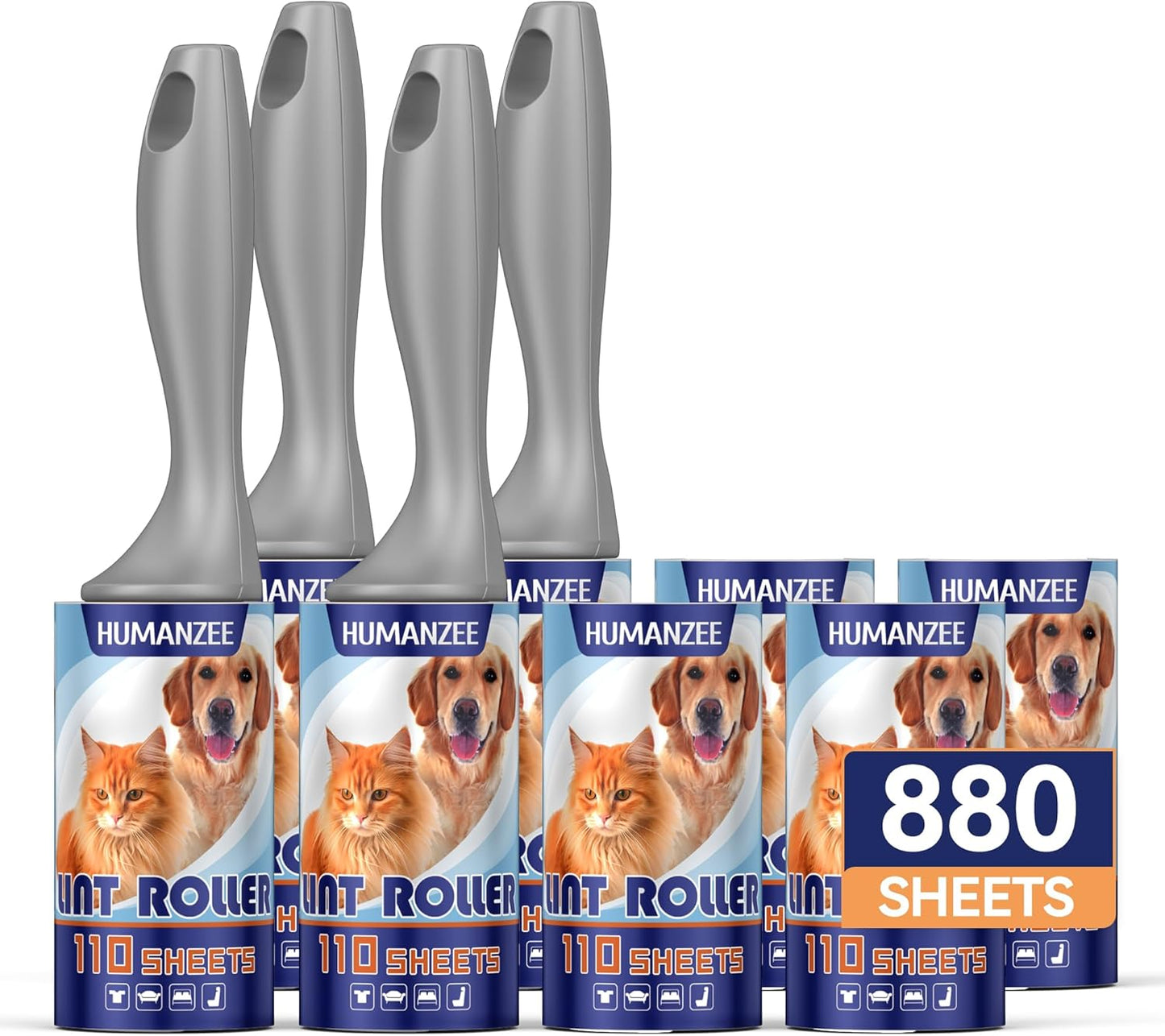 Lint Rollers for Pet Hair Extra Sticky,880 Sheets Mega Value Set with Reinforced 4 Handles and 8 Replaceable Tough Papers, Portable Pet Lint Remover for Clothes, Sofa Bed, Car Seat, and More