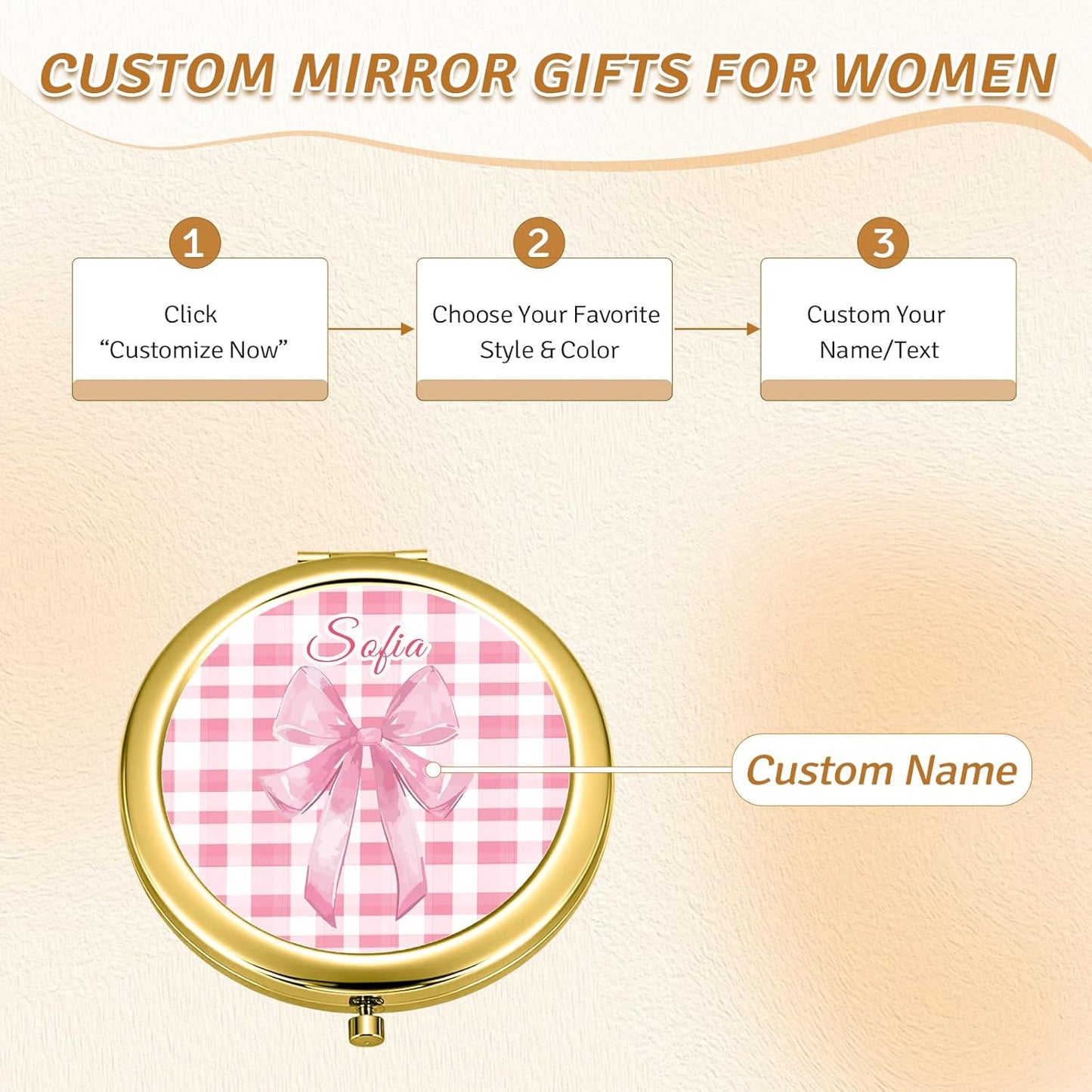 Custom Compact Mirror with Name - Personalized Flip Makeup Travel Pocket Mirror Gift for Women Bridesmaids Wedding Birthday (Bownot)