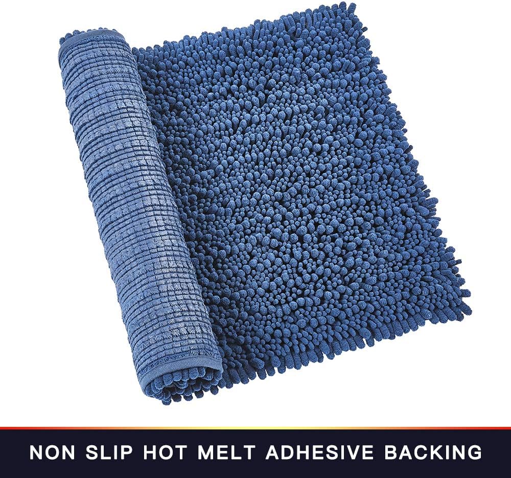 Walensee Bathroom Rug Non Slip Bath Mat (32x20 Dark Blue) Water Absorbent Super Soft Shaggy Chenille Machine Washable Dry Extra Thick Perfect Absorbant Best Large Plush Carpet for Shower Floor