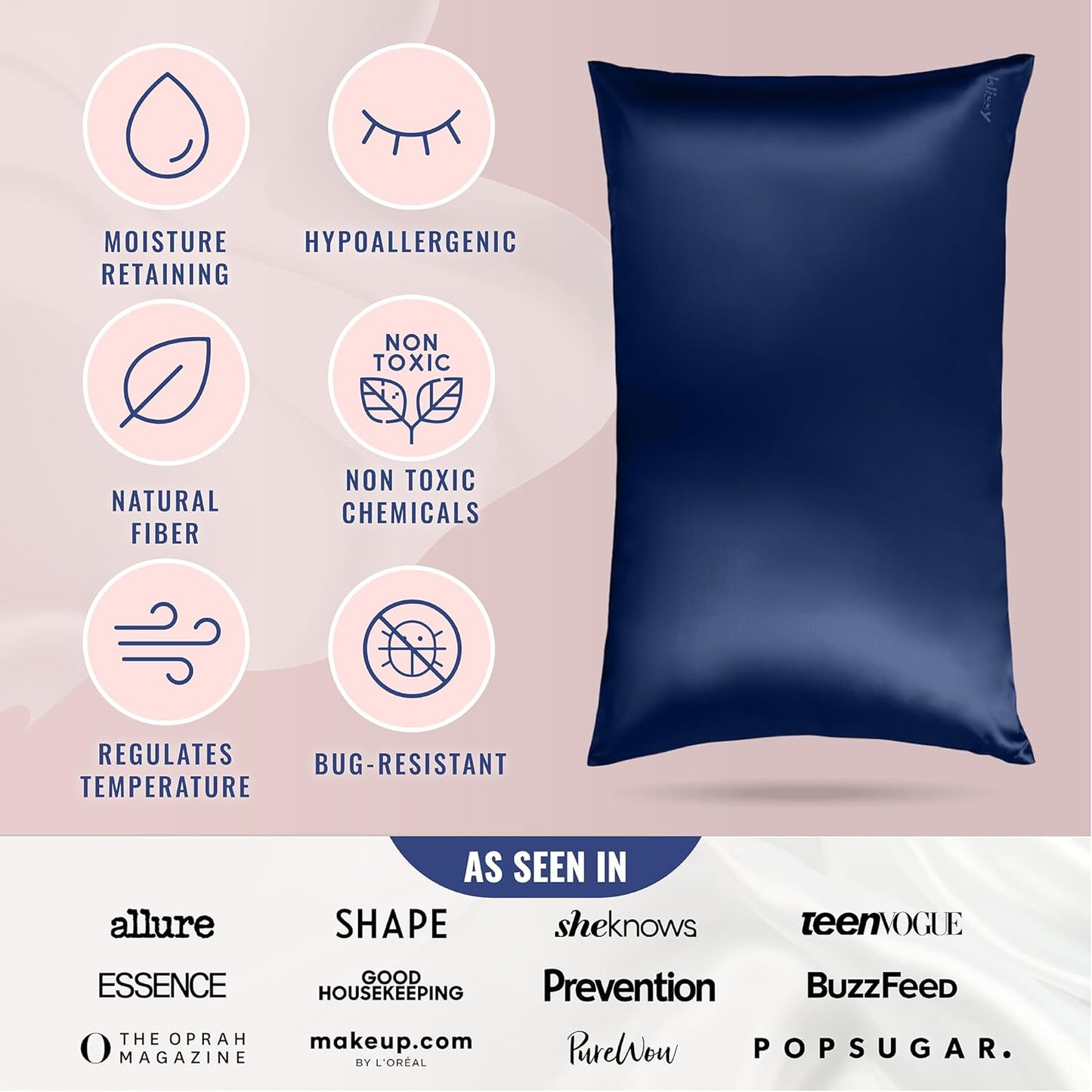 Blissy Silk Pillowcase - 100% Pure Mulberry Silk - 22 Momme 6A High-Grade Fibers - Silk Pillow Cover for Hair & Skin - Regular, Queen & King (Blue, King)